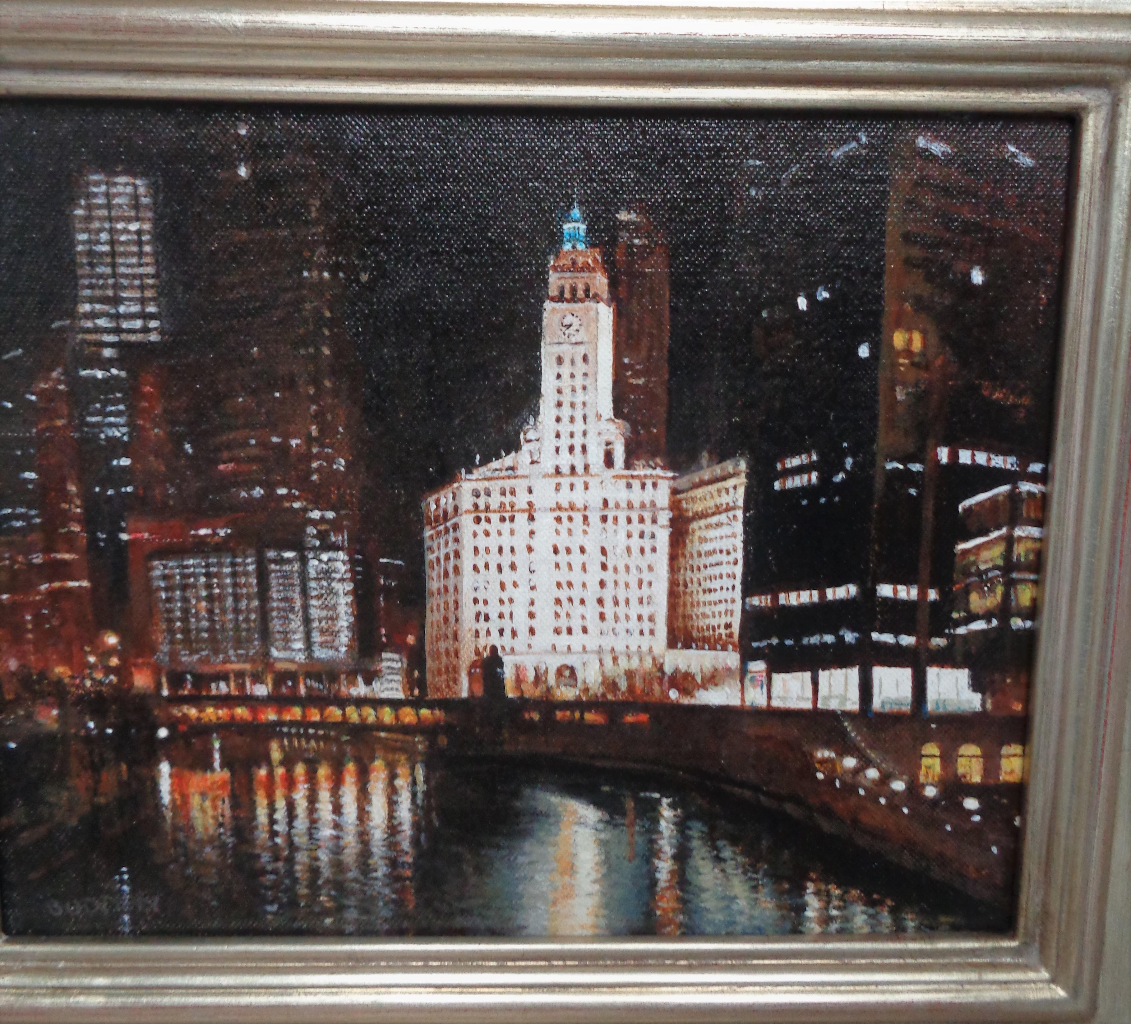 Chicago River Wrigley Clock Tower Cityscape Urban Painting by Michael Budden For Sale 3
