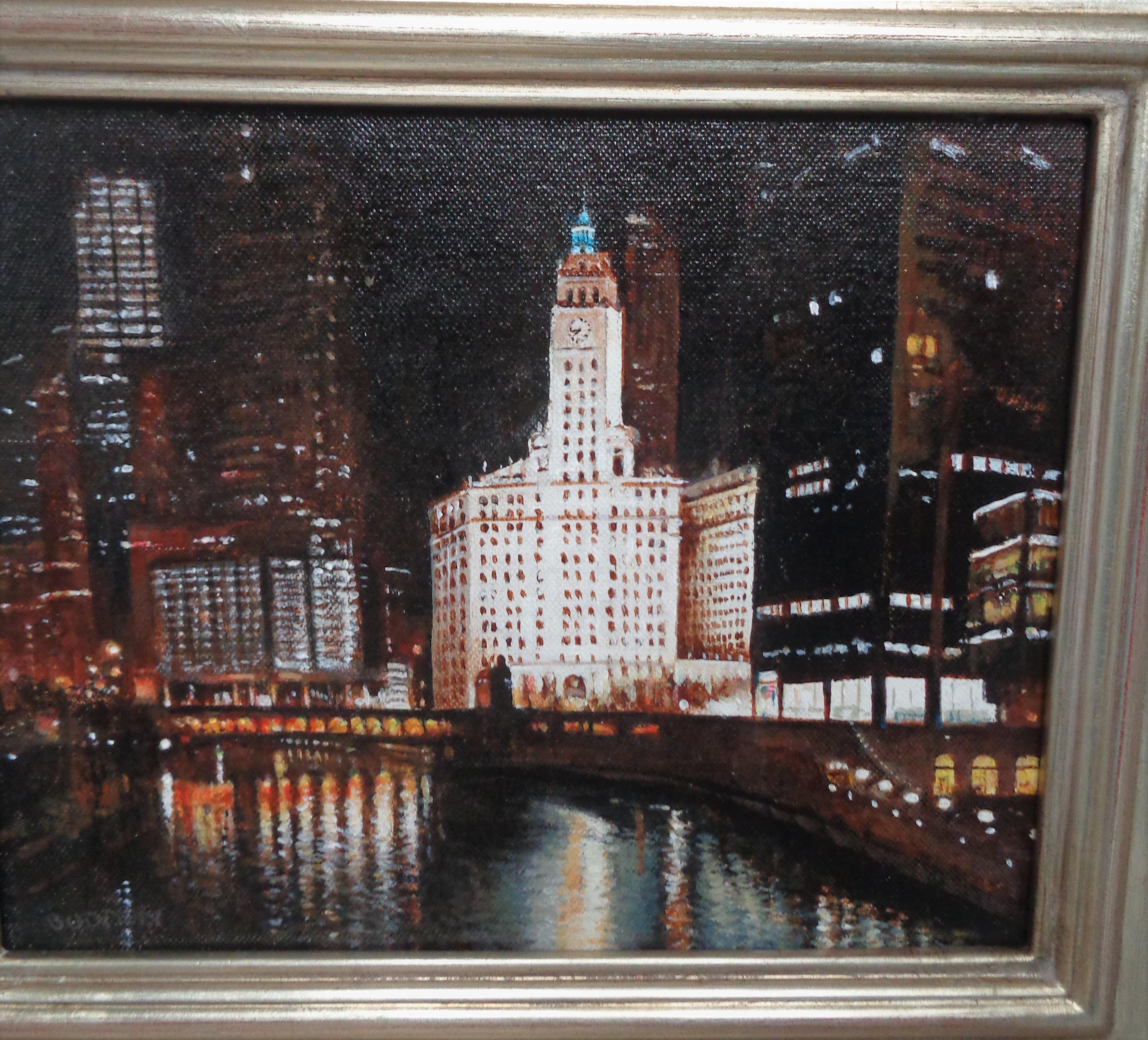 Chicago River Wrigley Clock Tower Paesaggio urbano dipinto da Michael Budden in vendita 3
