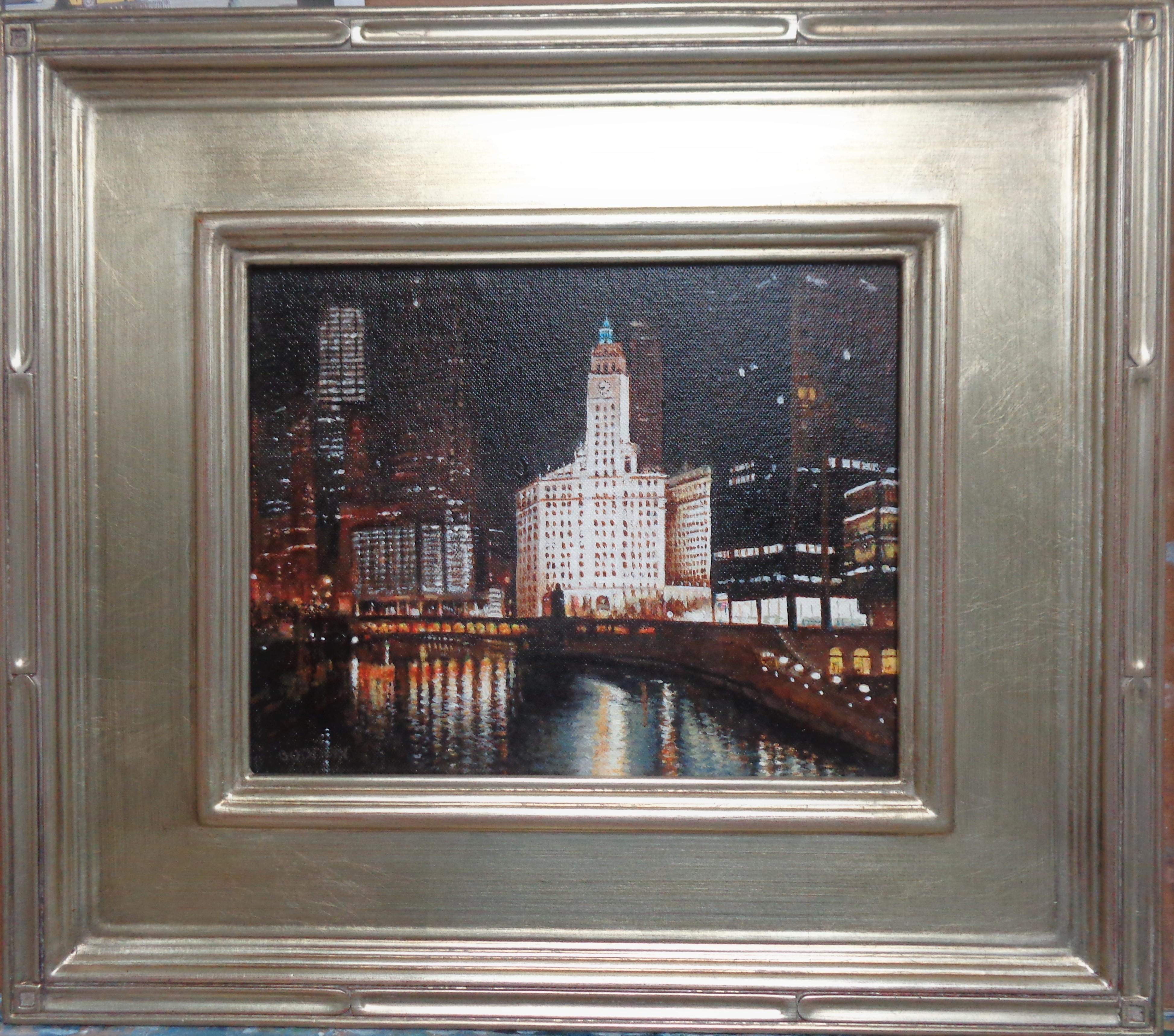  Along the Chicago River, Wrigley Clock Tower is an oil painting on canvas panel by award winning contemporary artist Michael Budden that showcases a beautiful evening on the Chicago River with the Clock Tower all lit up and reflections in the