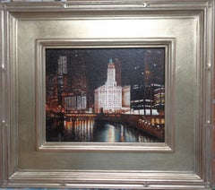 Chicago River Wrigley Clock Tower Paesaggio urbano dipinto da Michael Budden