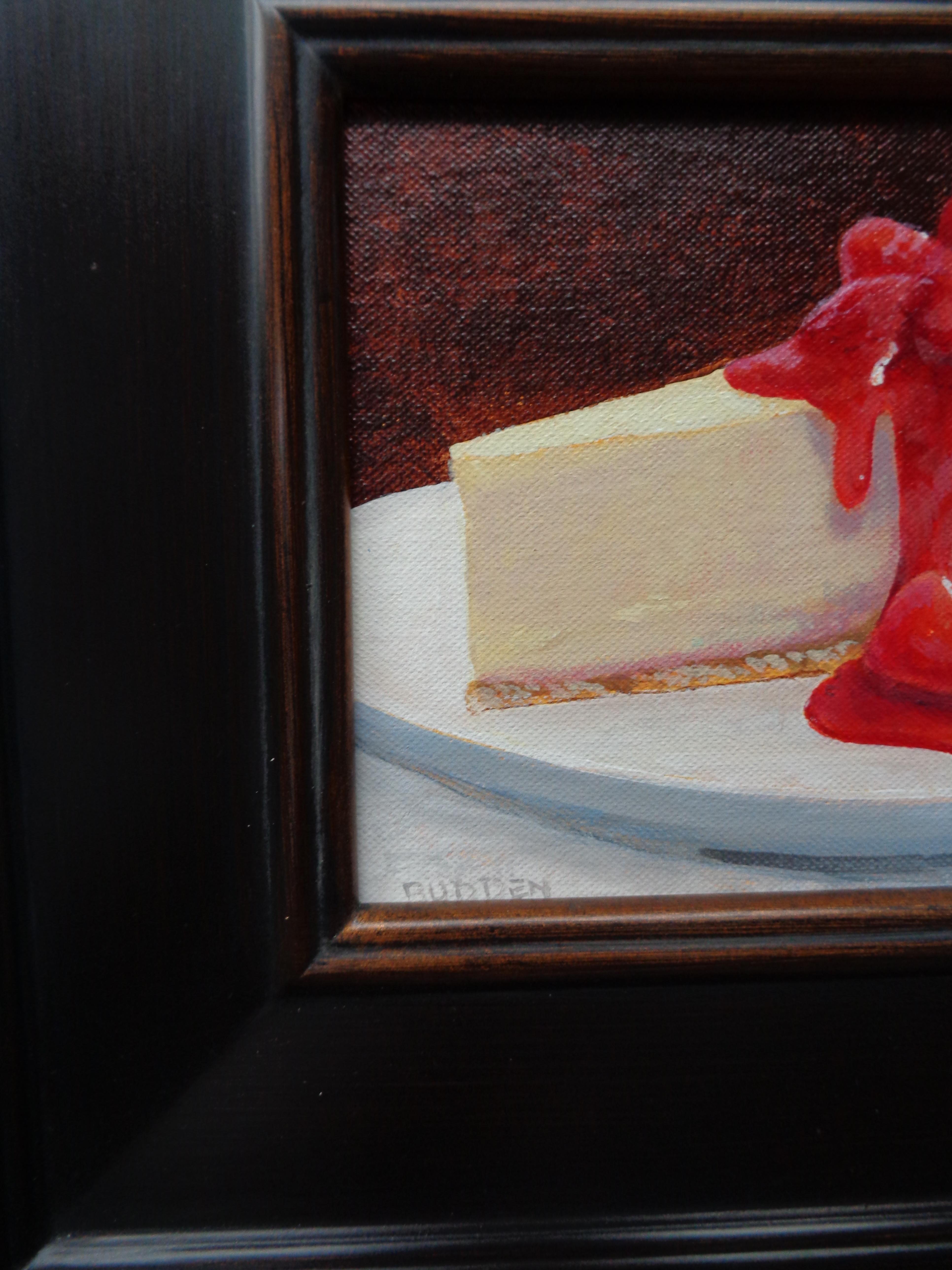 Pittura contemporanea di dessert di Michael Budden, Cheesecake alla fragola in vendita 1