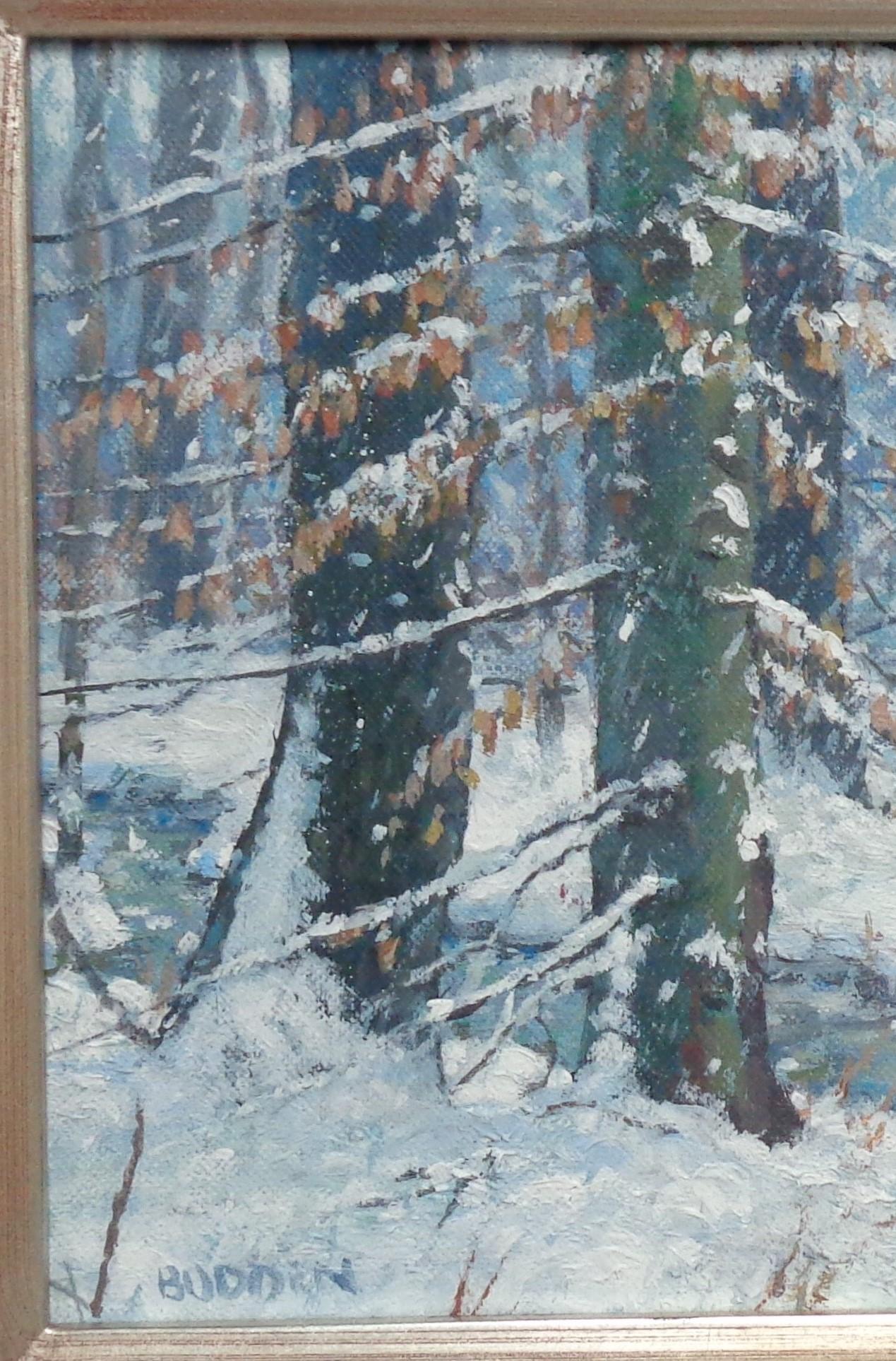 Paesaggio contemporaneo A. Winter Snow dipinto ad olio da Michael Budden in vendita 2
