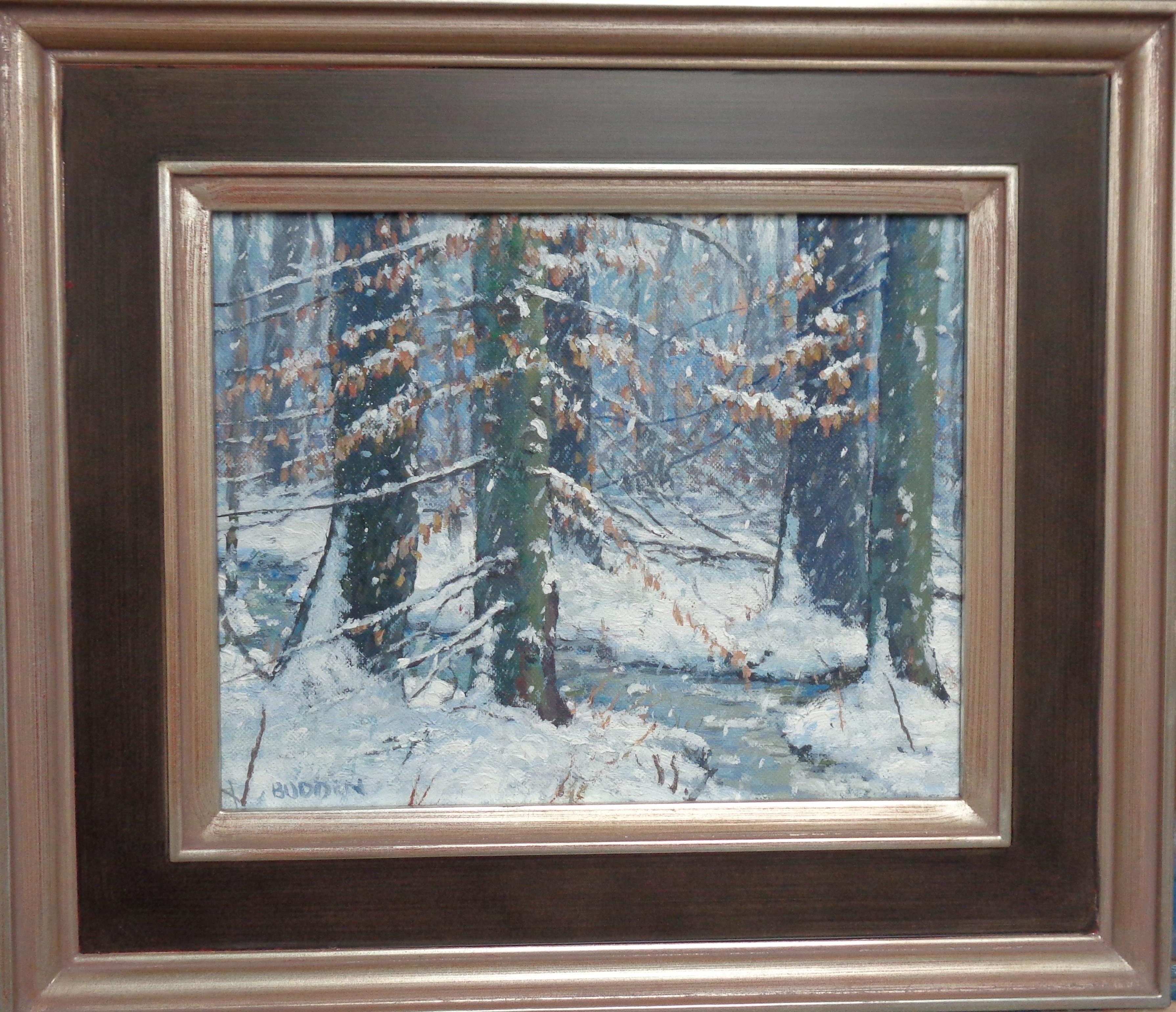 Winter Forrest Interior
 8 x 10 unframed and 12.63 x 14.63 framed.  
Winter Forrest Interior is an oil painting on canvas by award winning contemporary artist Michael Budden in an impressionistic realism style showcasing a beautiful quite winter