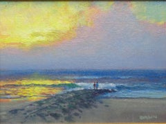 Peinture à l'huile contemporaine de paysage marin Sunrise Series by Michael Budden People Jetty