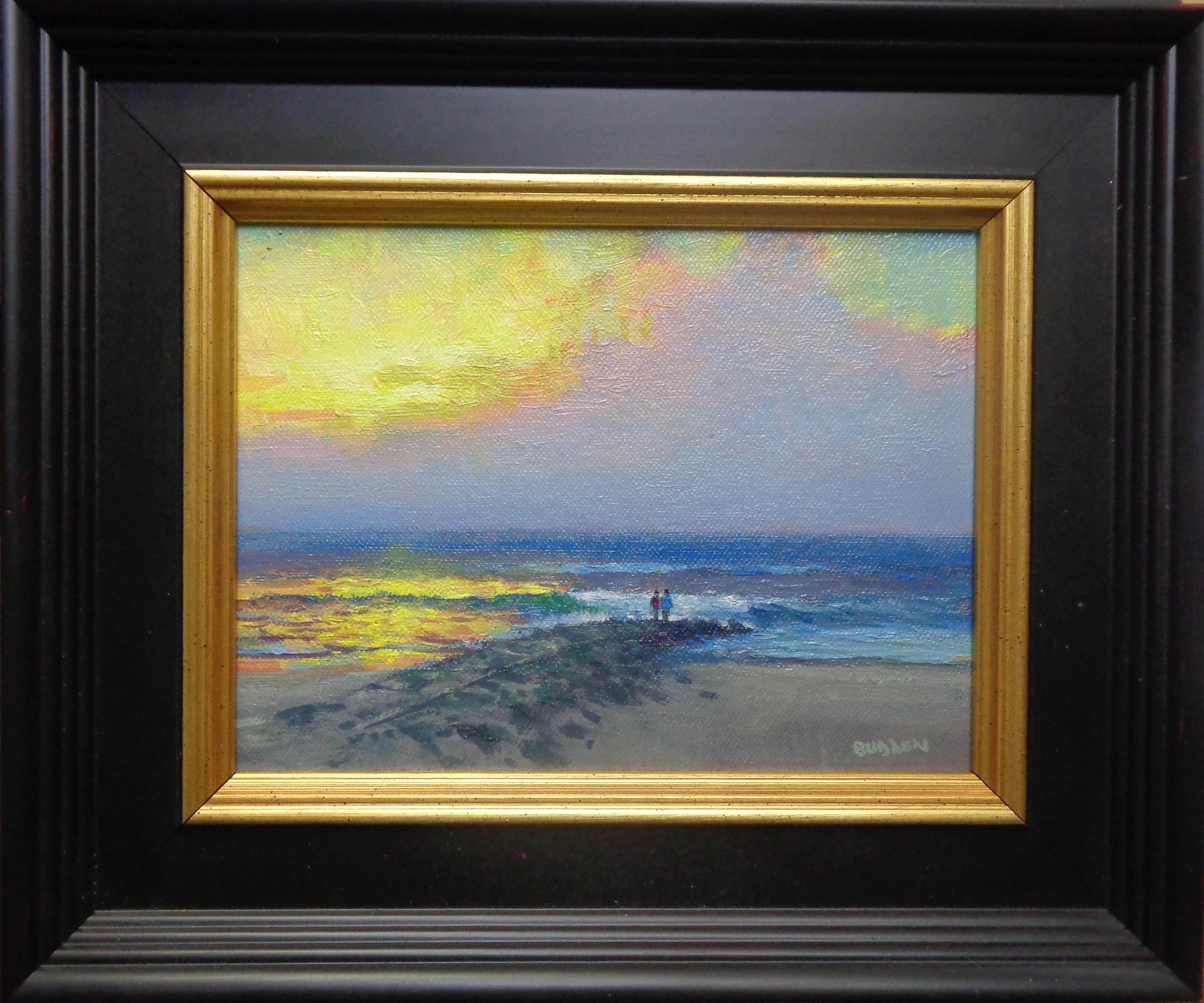 Contemporary Seascape Oil Painting Sunrise Series by Michael Budden People Jetty