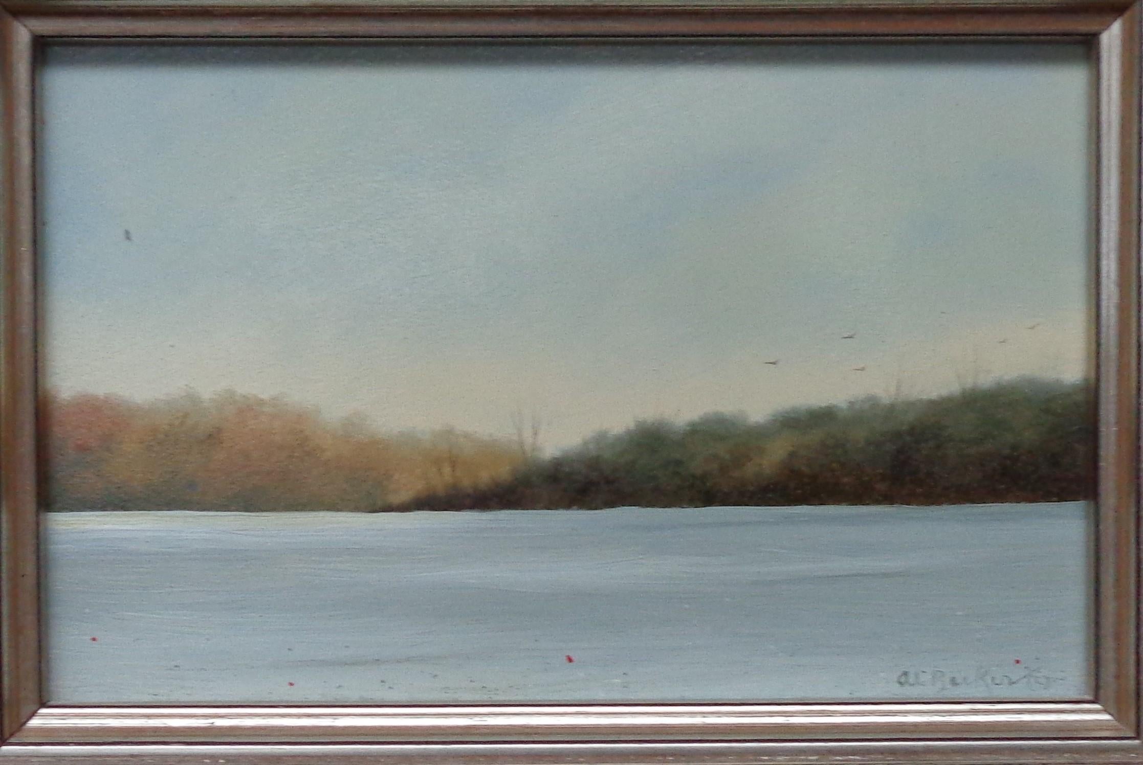 Here are a pair of paintings by Bordentown artists Al Baker. Smaller of the two is a winter scene. Sky has a small spot on left side. The other painting measuring 8.5 x 13.5 framed is a seascape done in 2006. The painting is in good condition but
