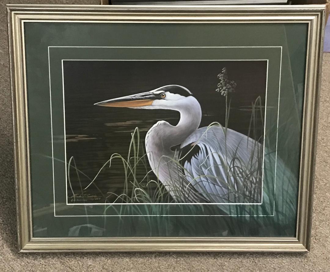 Michael Budden Landscape Painting -  Contemporary Wildlife Art Print with Remarque hand painted mat Great Blue Heron
