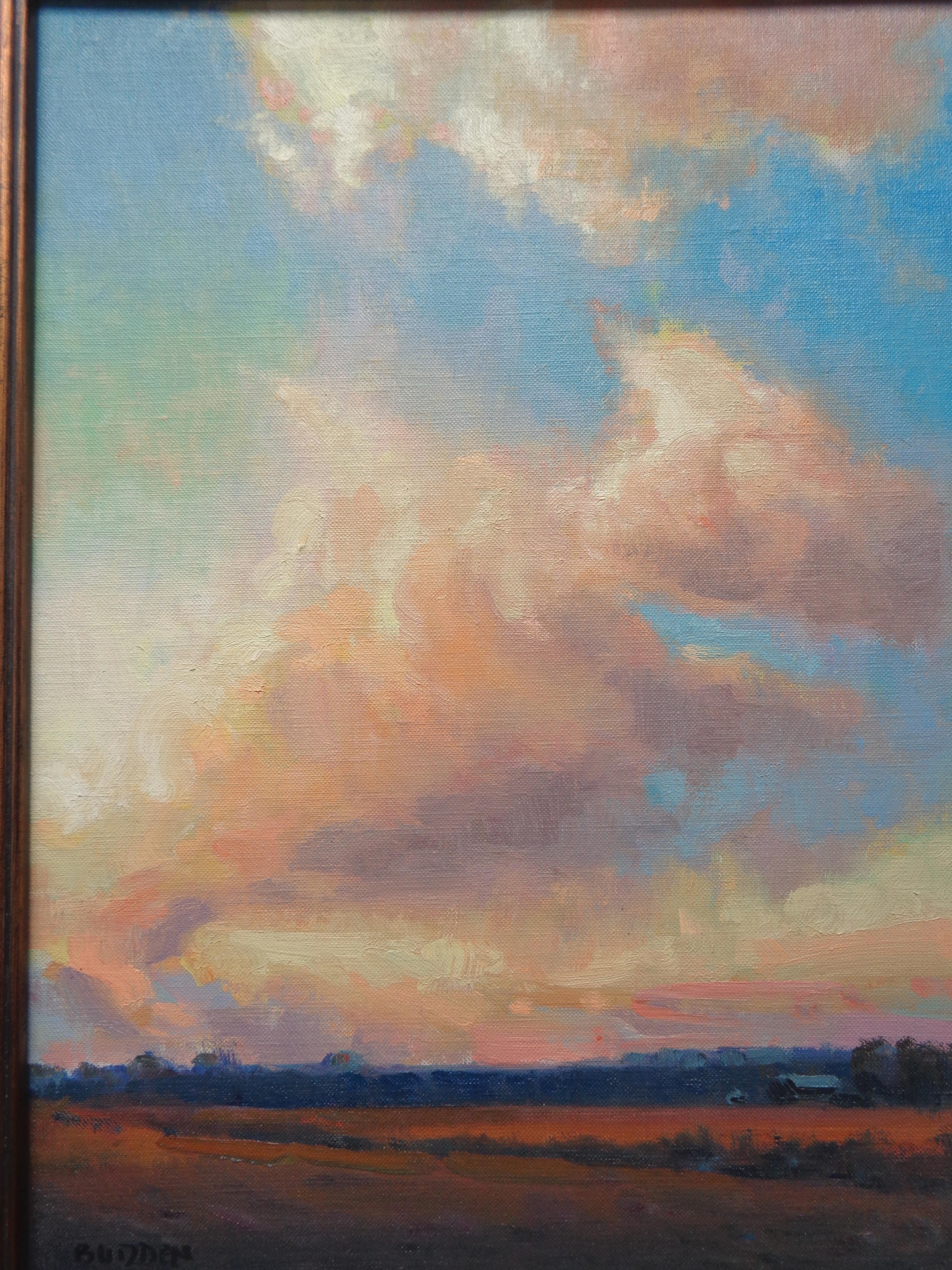 Paesaggio drammatico al tramonto e nuvole Pittura a olio impressionista Michael Budden 2