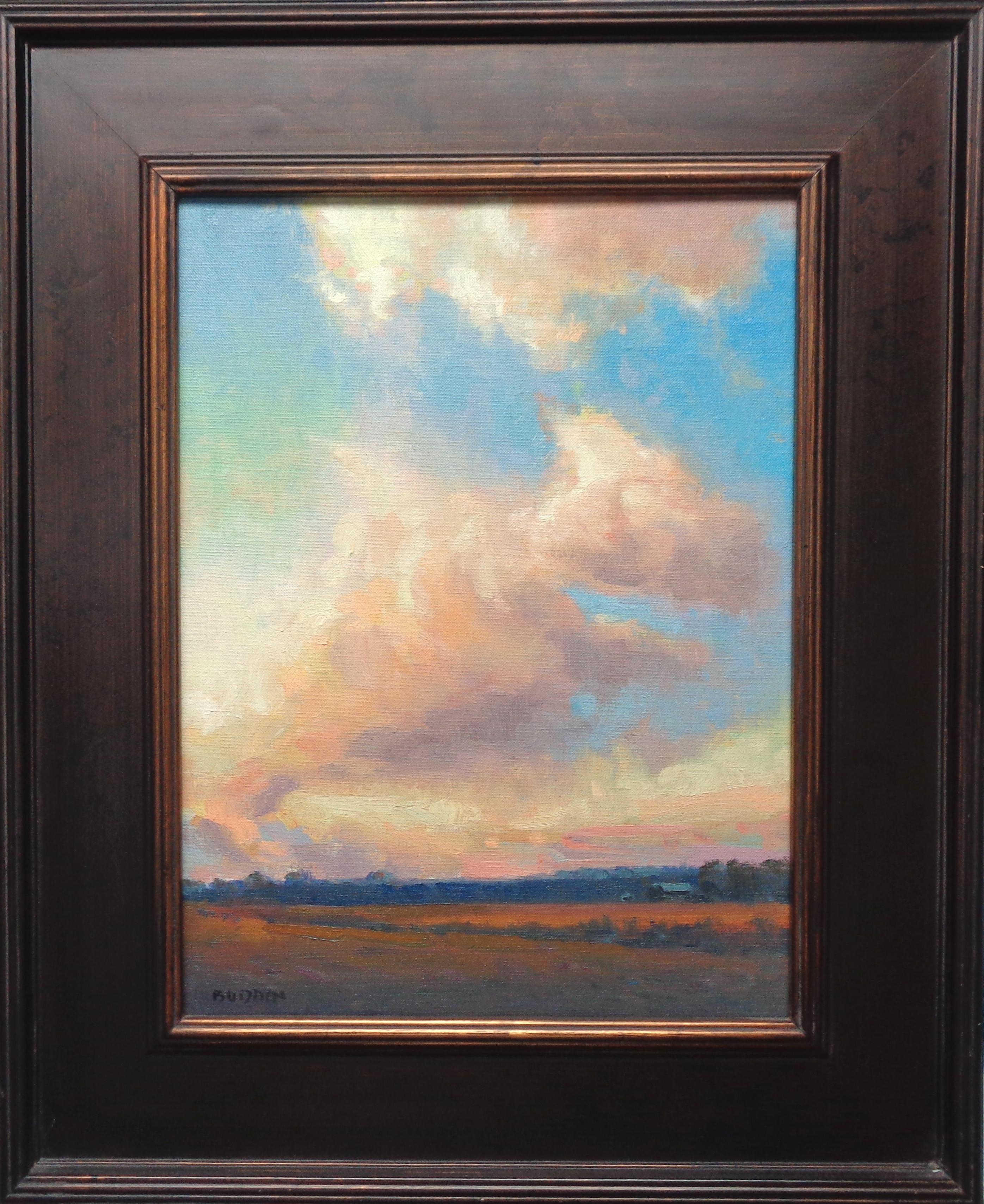 An oil painting on canvas by award winning contemporary artist Michael Budden that showcases a unique composition of a beautiful sunset sky filled with creamy clouds created in an impressionistic realism style. The painting exudes the very rich