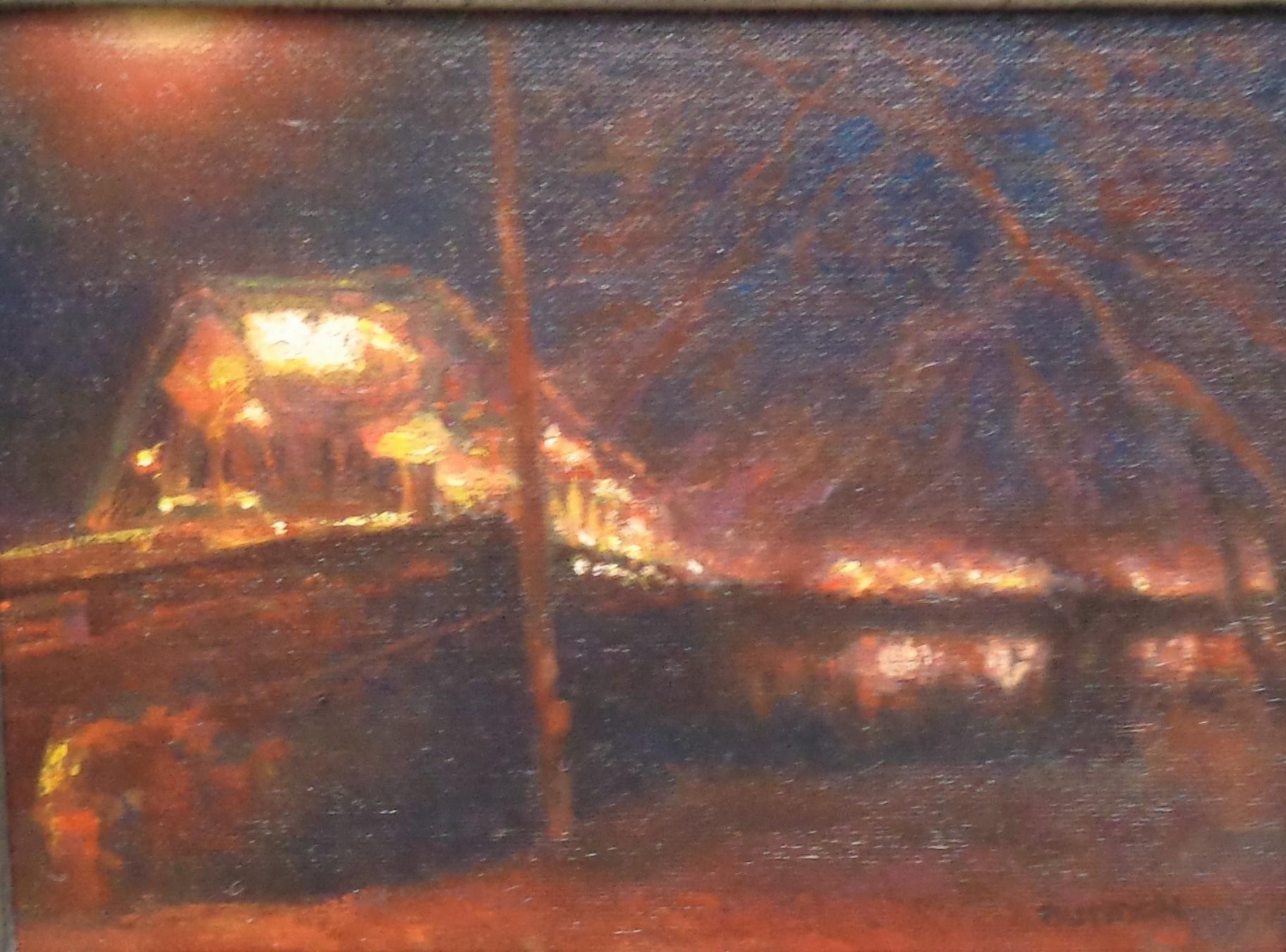 Notturno serale Pittura a olio New Hope Lambertville Bridge Michael Budden in vendita 1