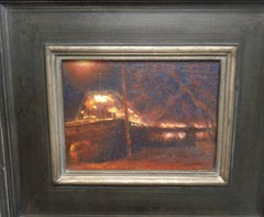 Peinture à l'huile du soir « Nocturne » représentant le pont de Lambertville, Michael Budden 