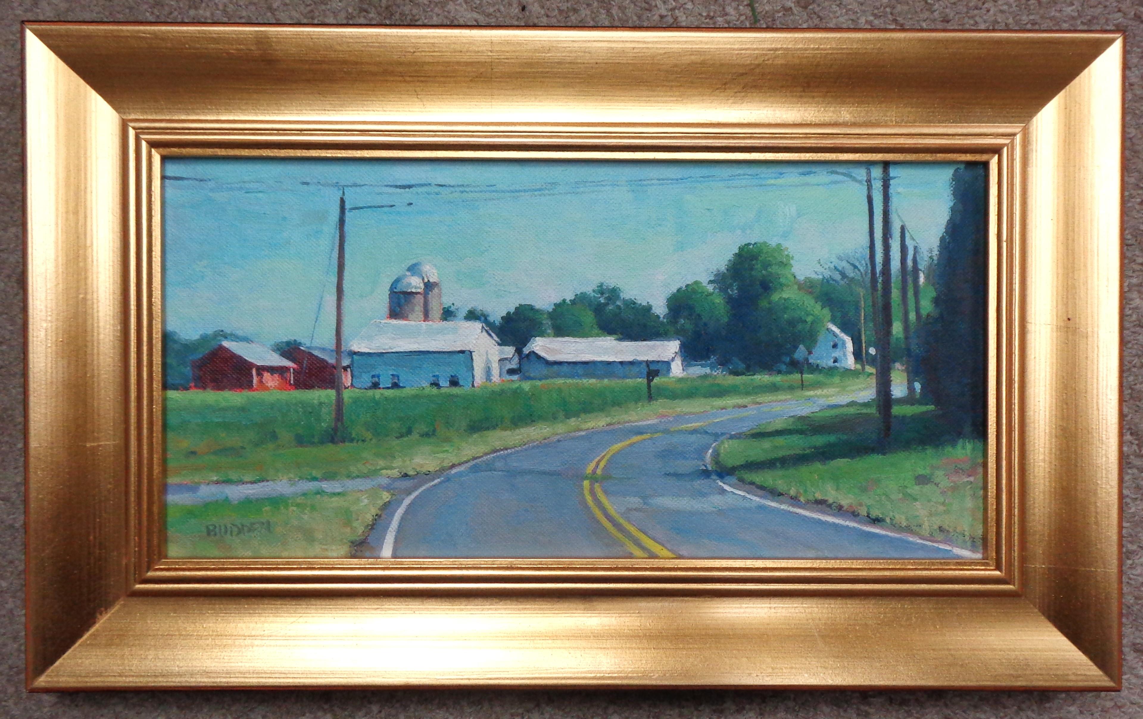 Rural Road Along Rt 616 Study
An oil painting on canvas by award winning contemporary artist Michael Budden that showcases a beautiful country road and farm landscape study.   The image measures 6 x 12 unframed and 9.25 x 15.25 framed.  
ARTIST'S