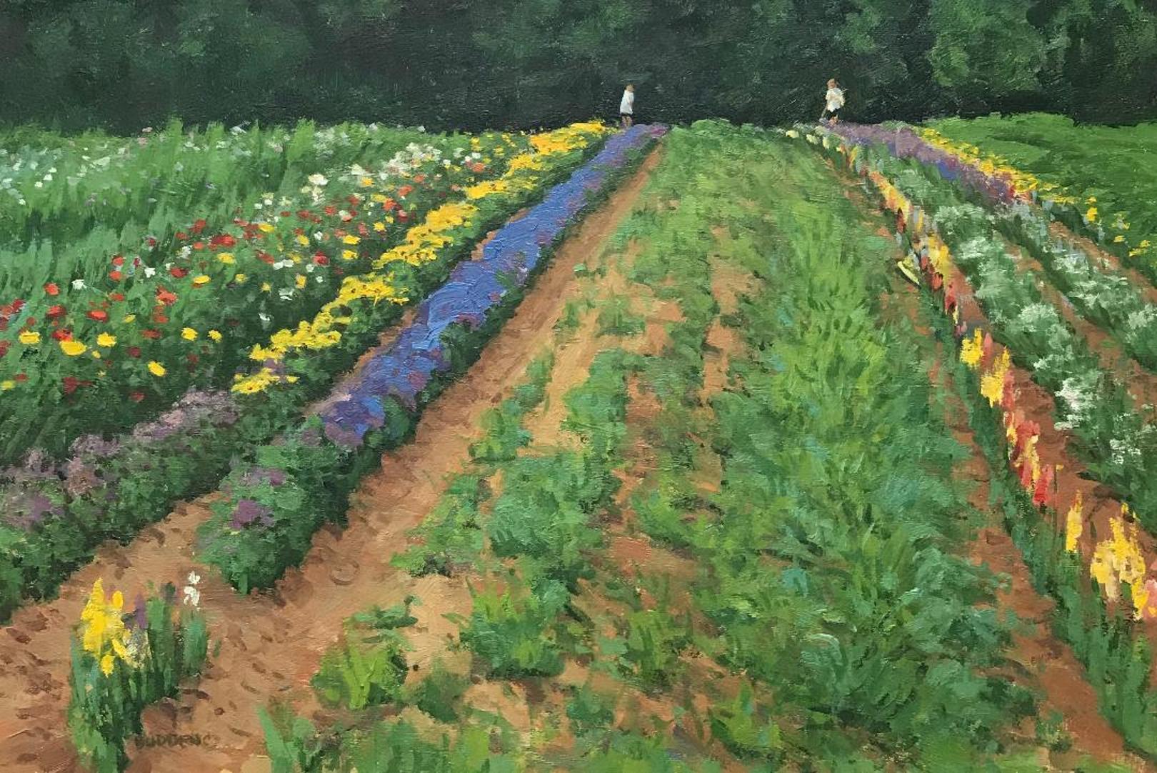 Paesaggio floreale Impressionista dipinto ad olio da Michael Budden Giardino d'estate in vendita 1
