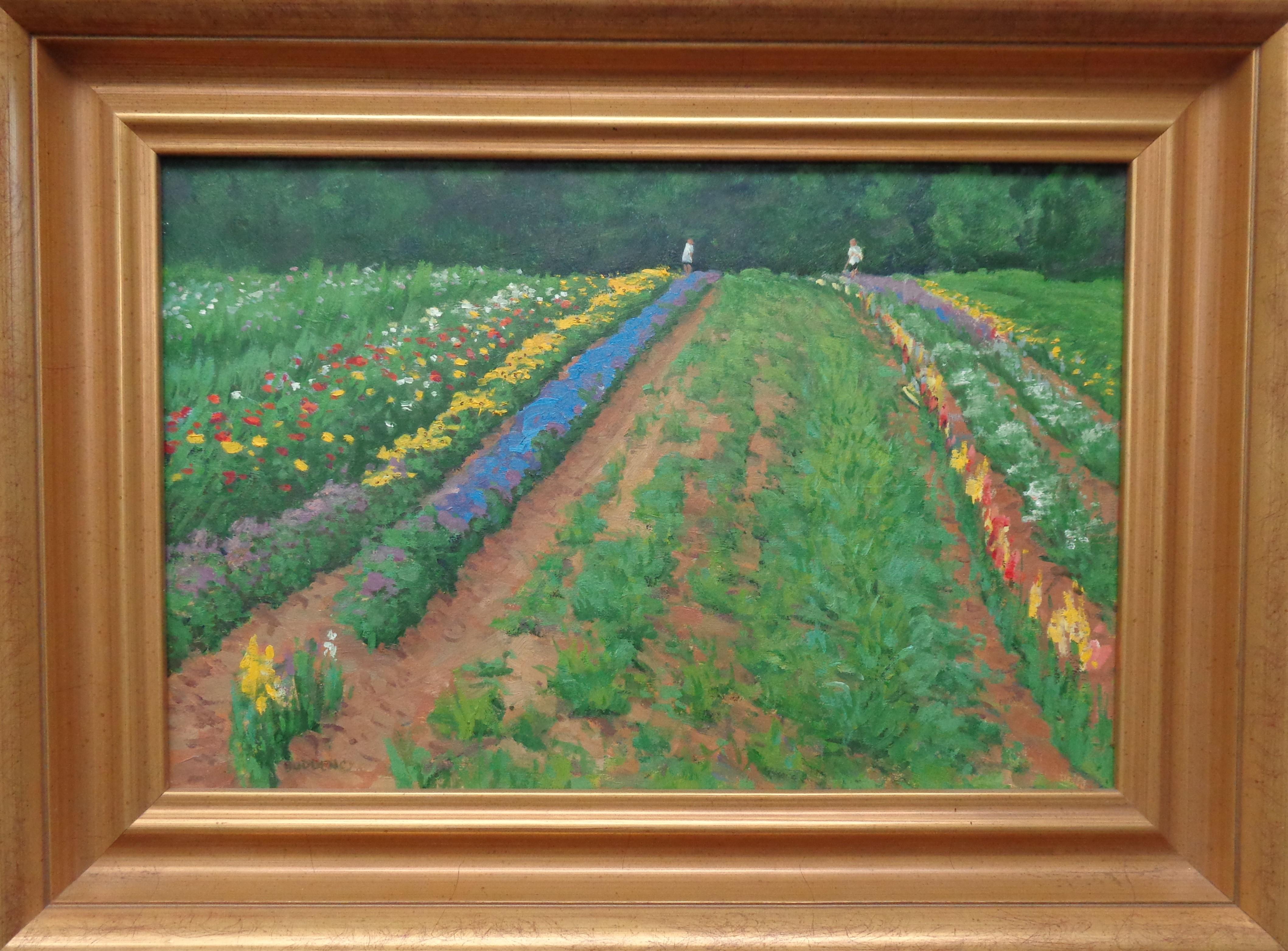 "Chiacchiere da giardino" è un dipinto a olio su tela che mette in mostra la splendida luce di una giornata estiva che risplende su un bellissimo campo di fiori. Questo quadro è stato dipinto en plein air sul posto in stile impressionista.