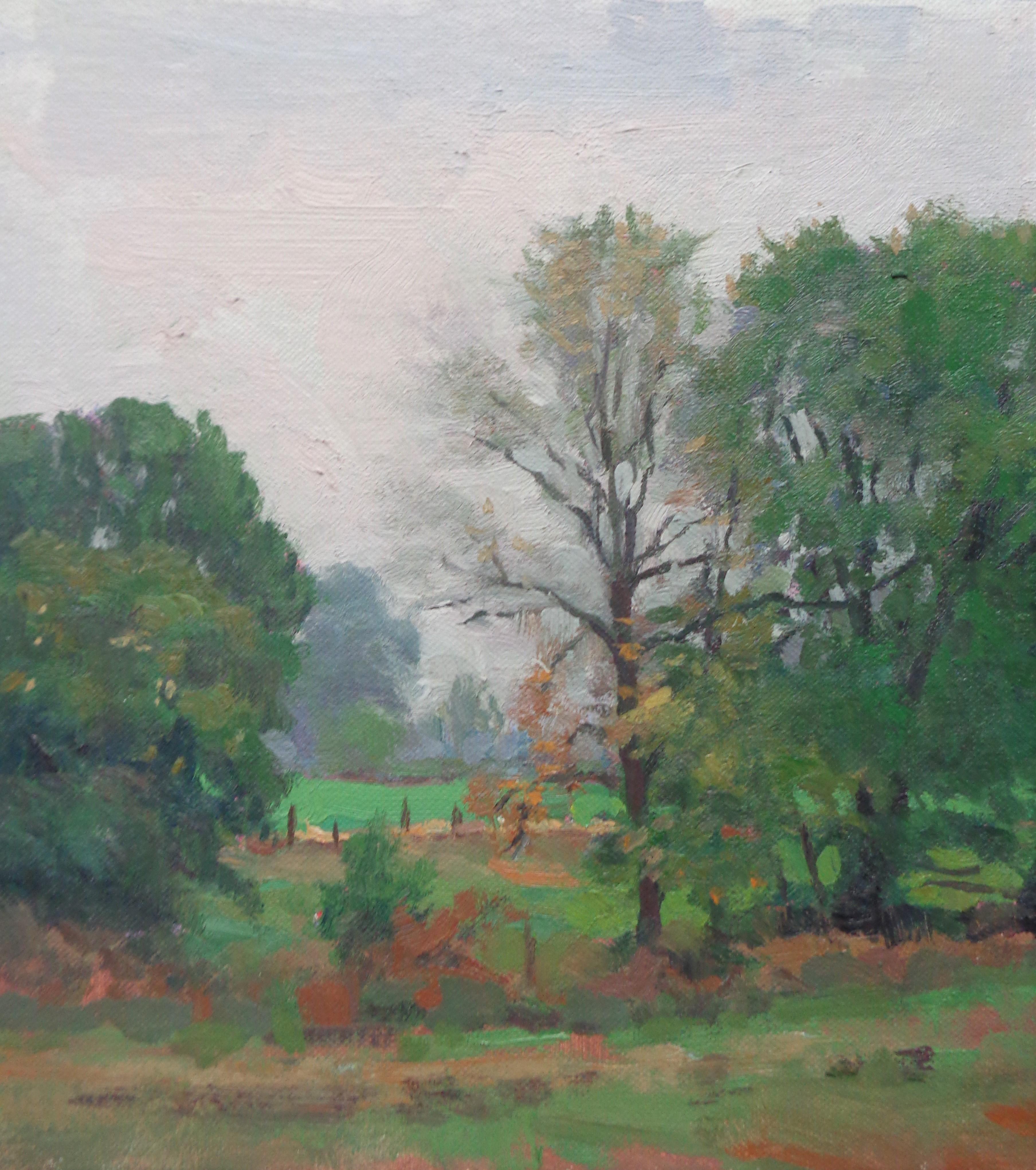 Paisaje otoñal impresionista Pintura al óleo Michael Budden Granja de principios de otoño en venta 2