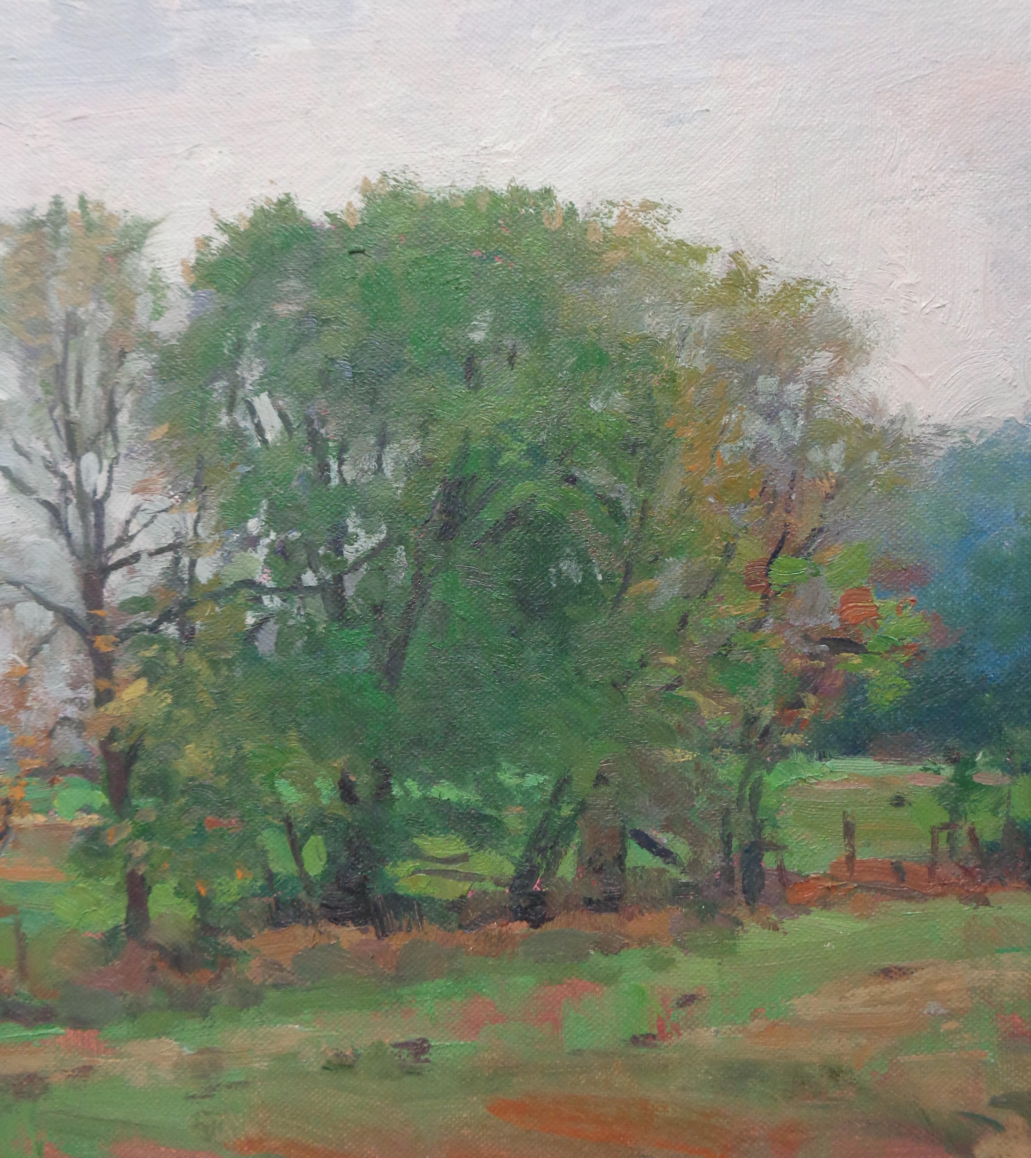 Paisaje otoñal impresionista Pintura al óleo Michael Budden Granja de principios de otoño en venta 3