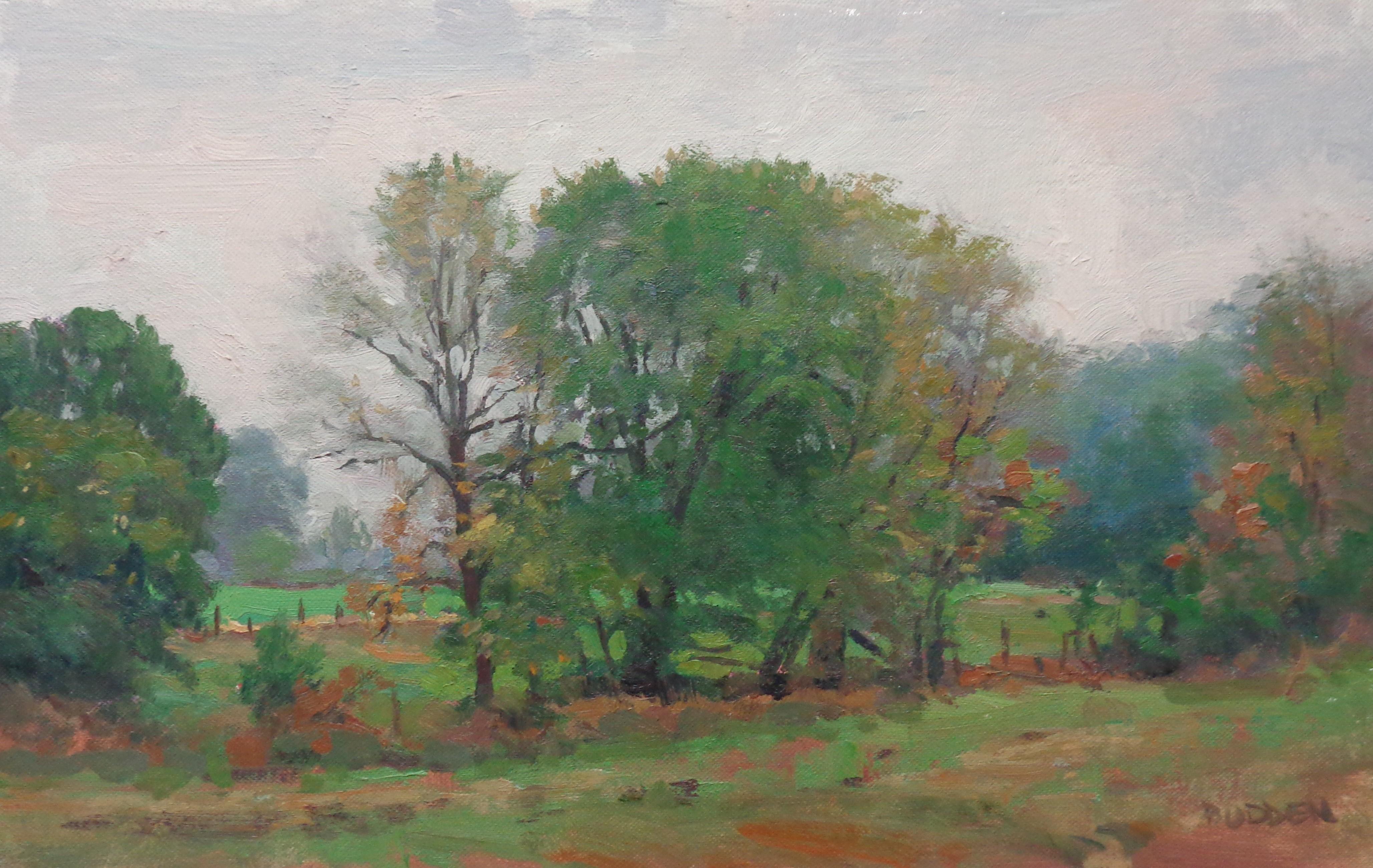 Paisaje otoñal impresionista Pintura al óleo Michael Budden Granja de principios de otoño en venta 1