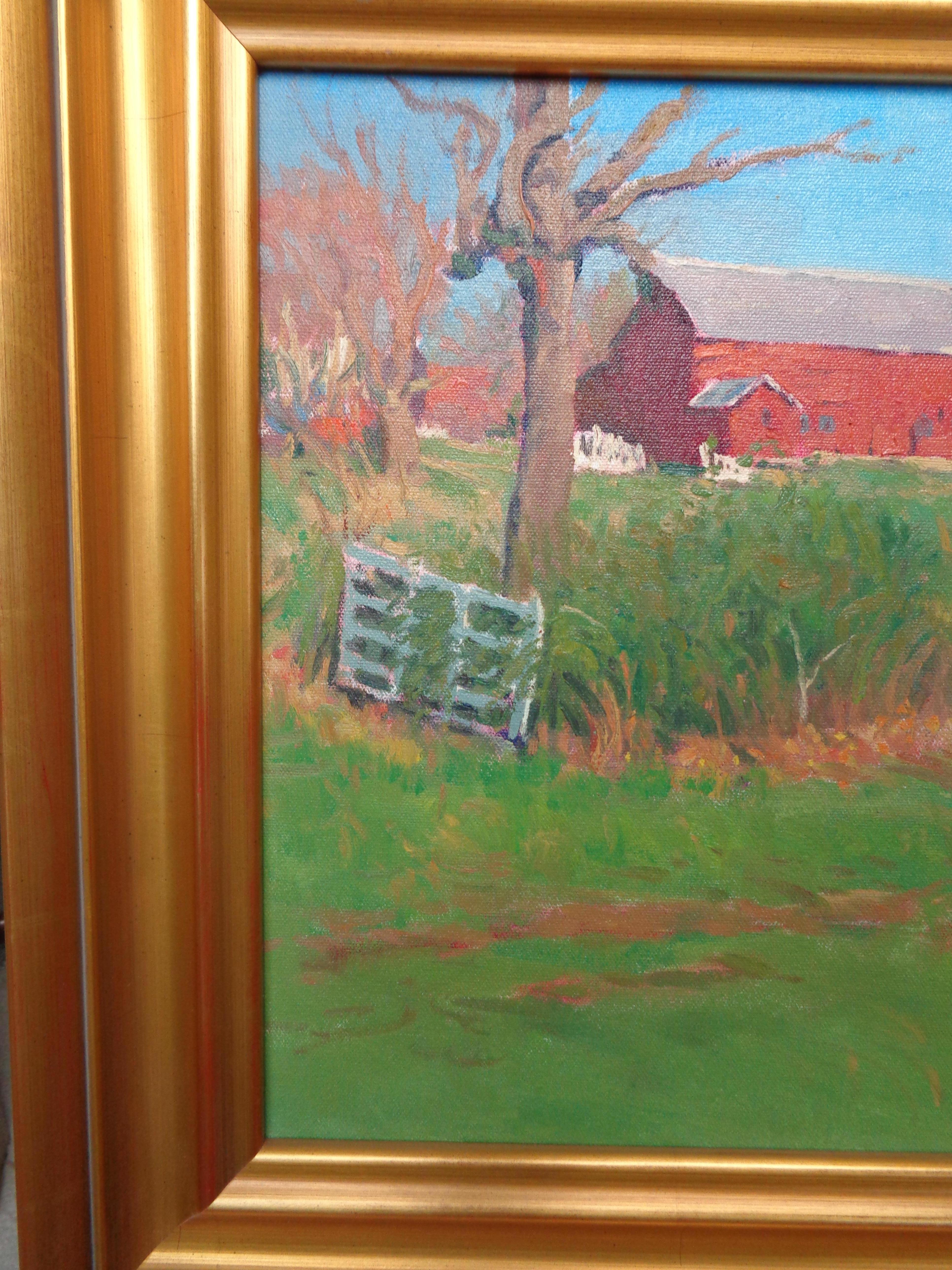 Pittura ad olio impressionistica del paesaggio del fienile Michael Budden Light di primavera in vendita 1