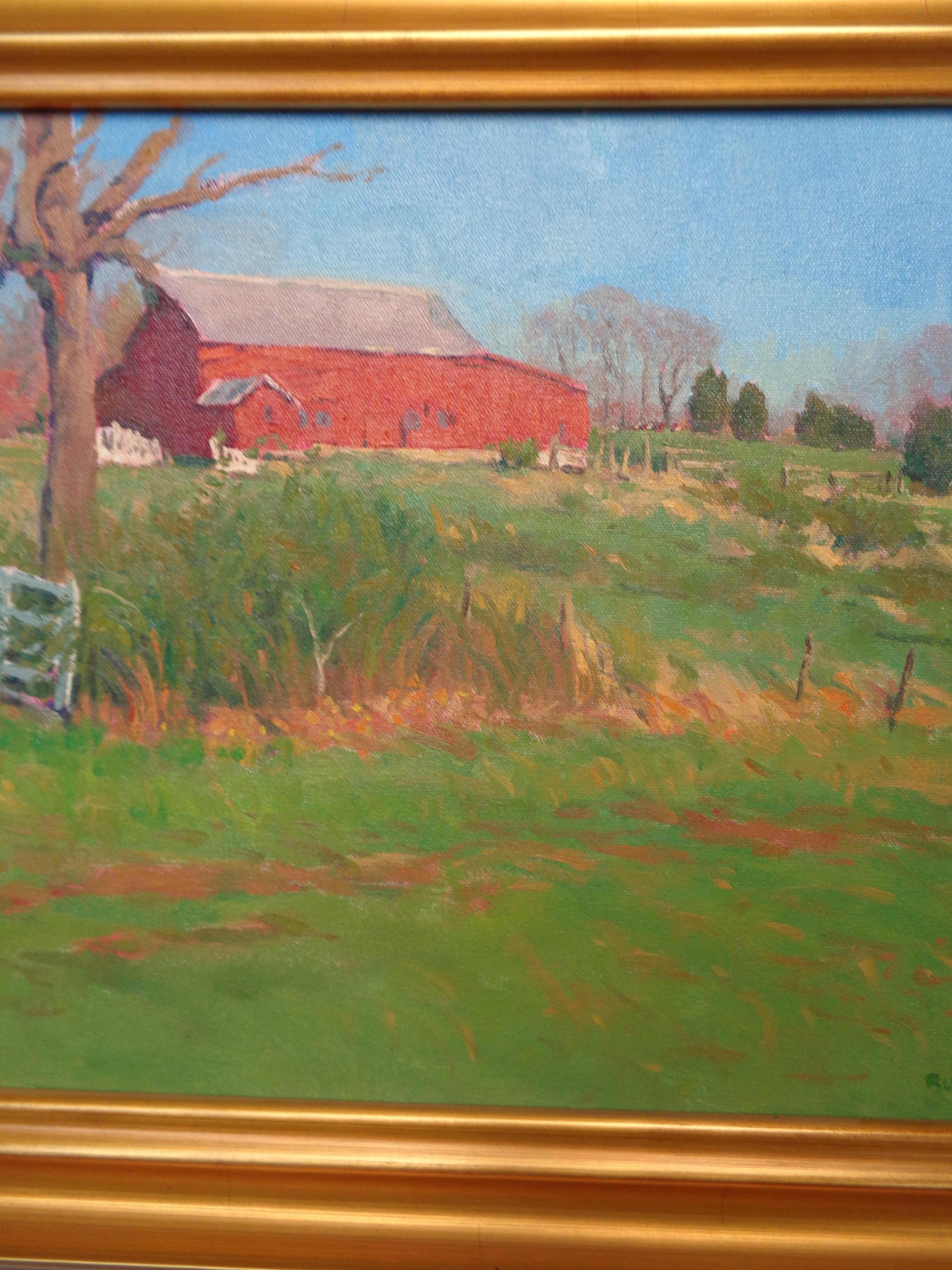 Pittura ad olio impressionistica del paesaggio del fienile Michael Budden Light di primavera in vendita 2