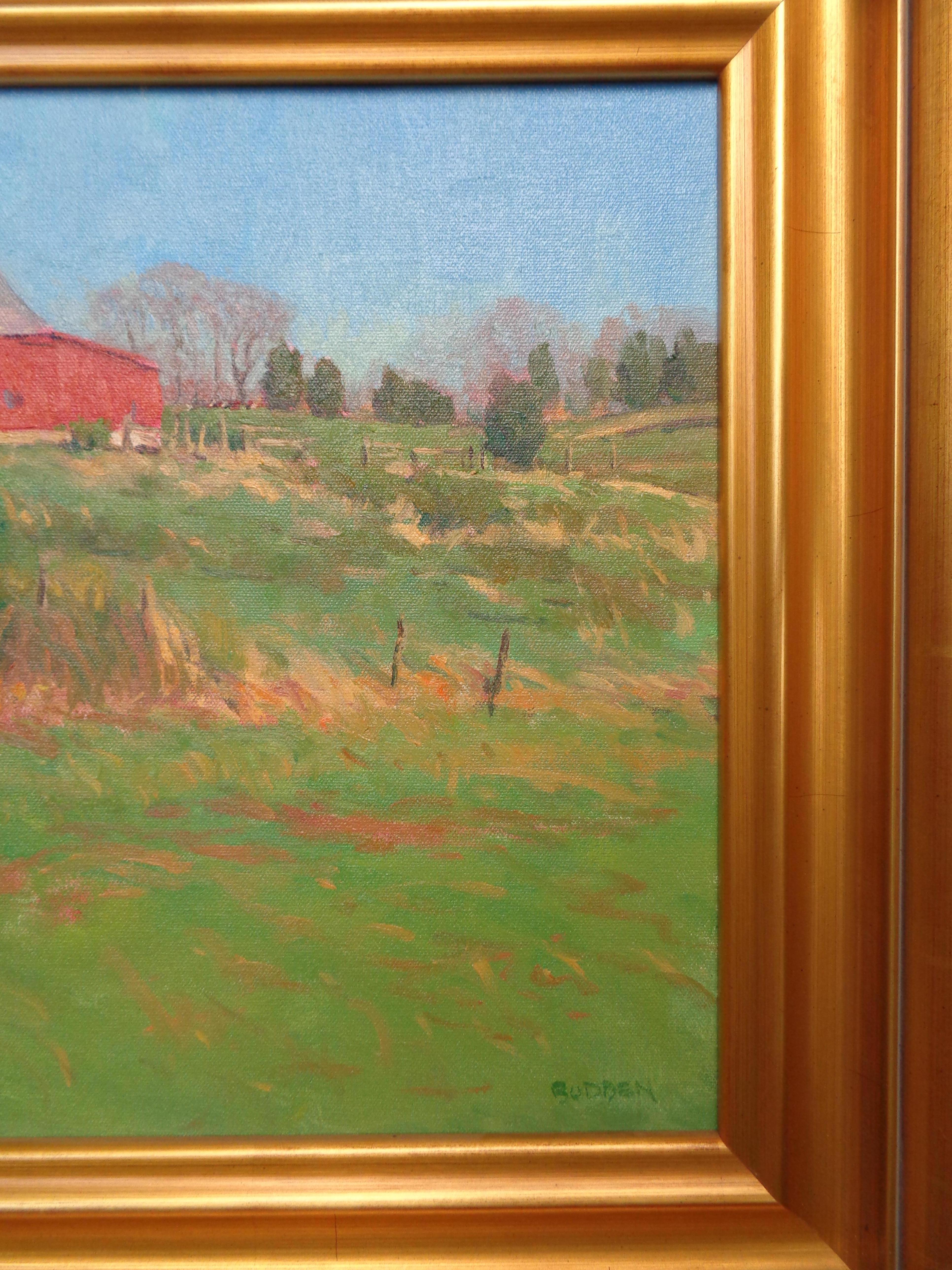  Peinture à l'huile impressionniste de Michael Budden - Paysage de grange lumineux du printemps en vente 3