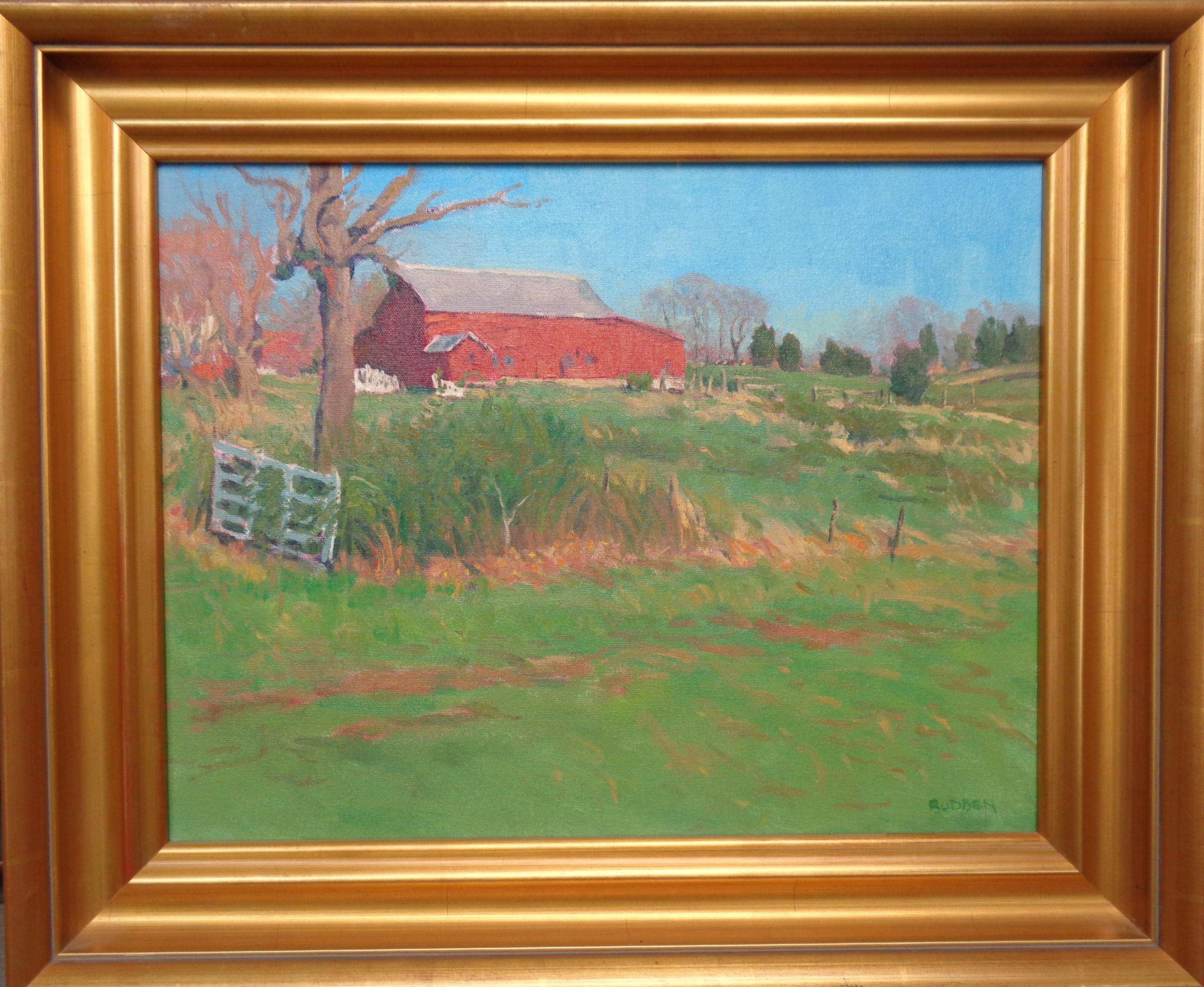 La lumière luxuriante du printemps 
huile/toile
image 14 x 18, est un paysage impressionniste peint à l'huile d'une grange près de mon studio que j'ai réalisé sur place en une seule séance. La peinture est sur toile et exsude les riches qualités de