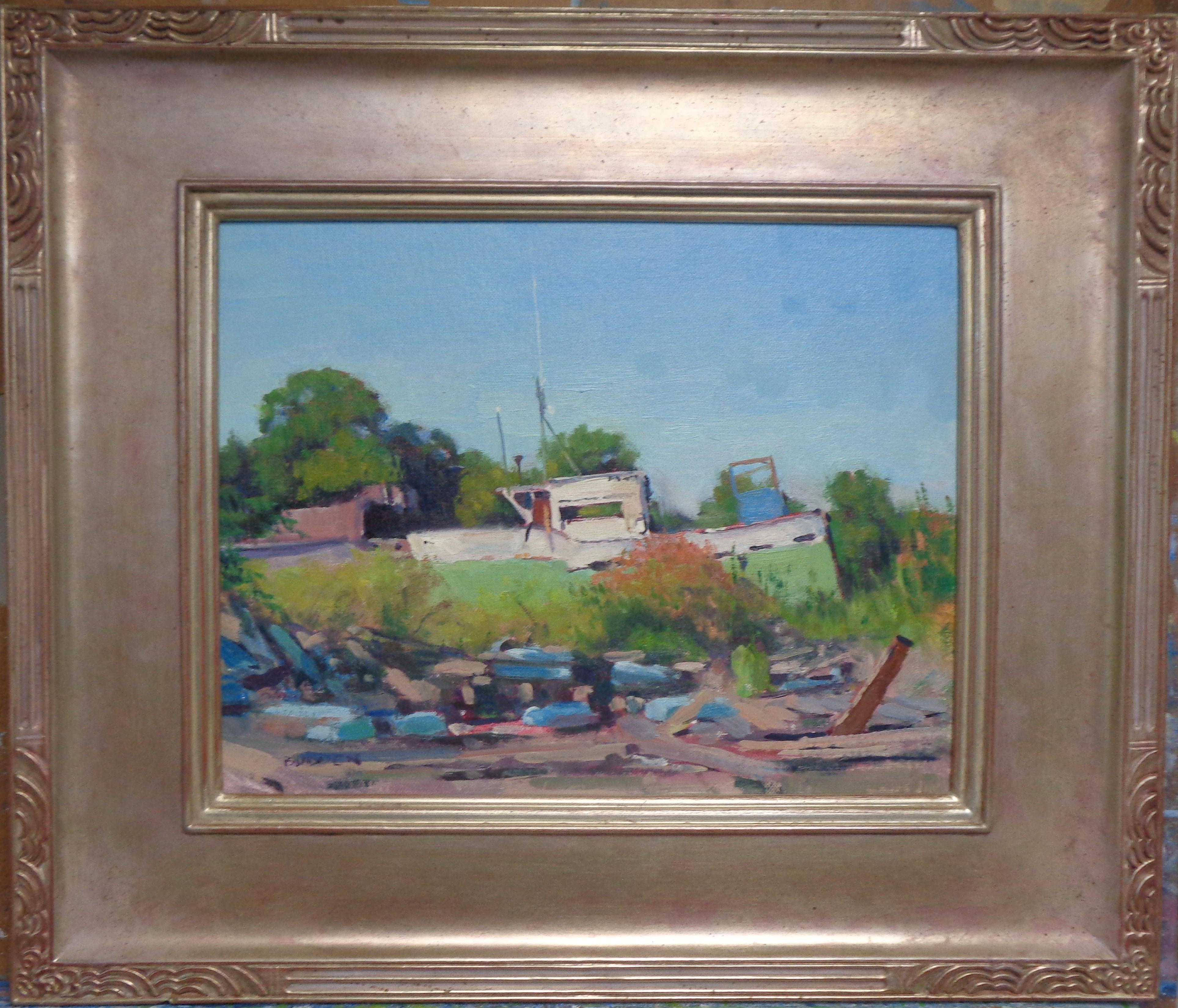 The Green Boat 
oil/canvas
The image measures 11 x 14 unframed, 17.75 x 20.75 x 1 framed
The Green Boat is an oil painting on panel by award winning contemporary artist Michael Budden that won a FIRST-PLACE AWARD at a local plein air competition.