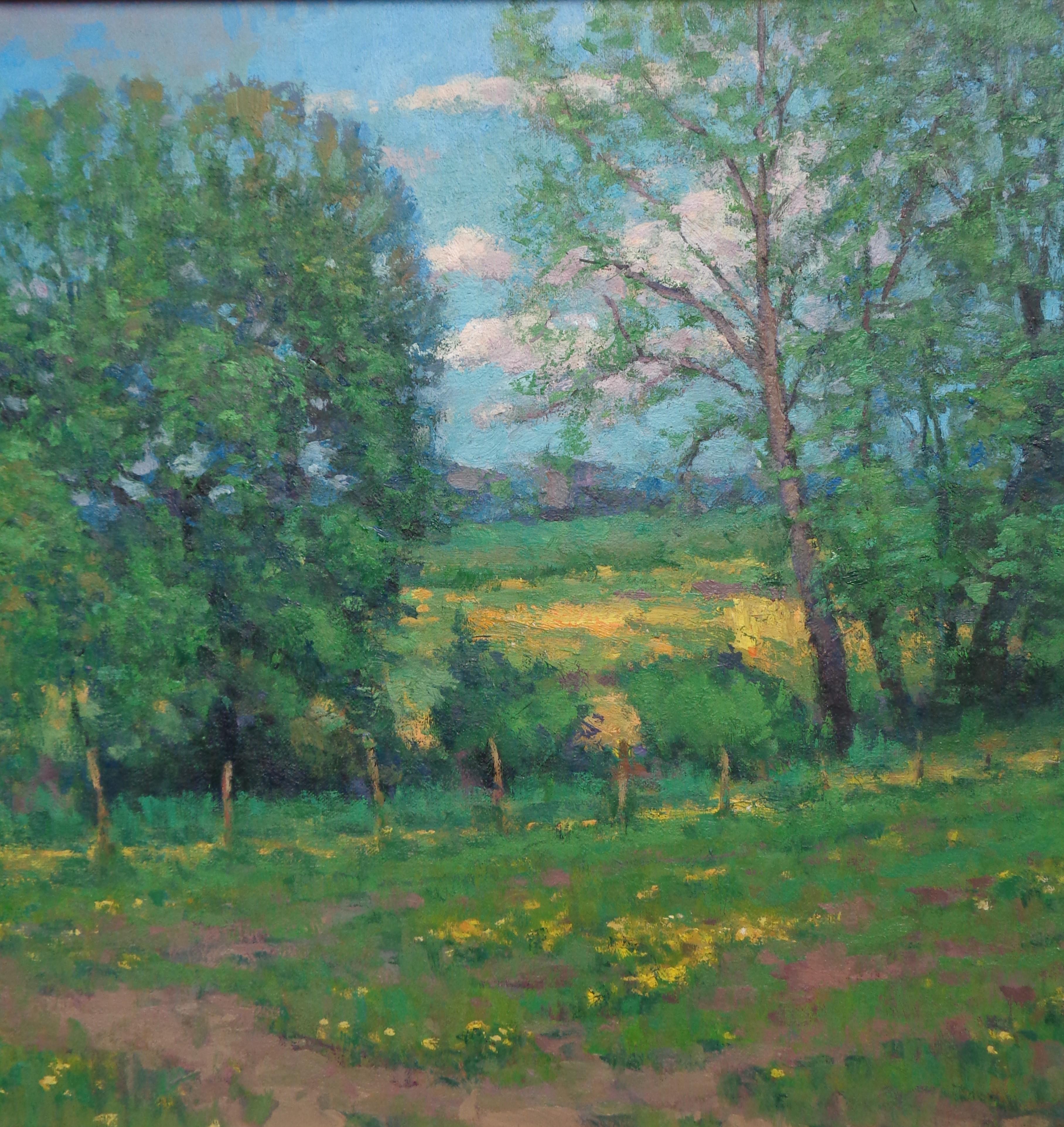 Pittura ad olio impressionista di paesaggio agricolo di Michael Budden Primavera gloriosa in vendita 2