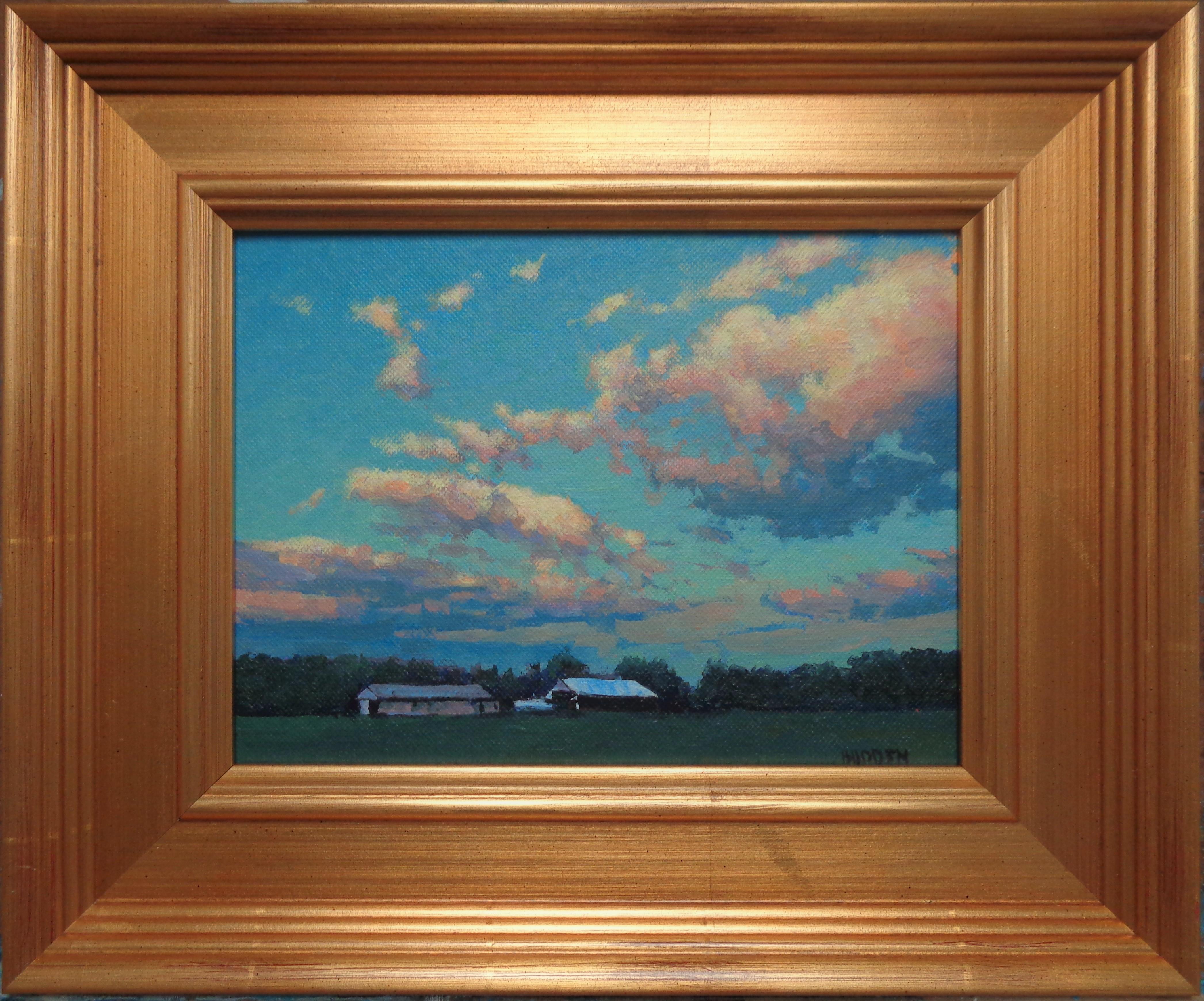 Afternoon Sky ist ein Ölgemälde auf einer Tafel, das gerade im Studio fertiggestellt wurde. Das Gemälde verströmt die reichen Qualitäten der Ölfarbe mit leuchtenden, kräftigen Farben, einer Vielzahl von verlorenen und gefundenen Kanten, sichtbarer