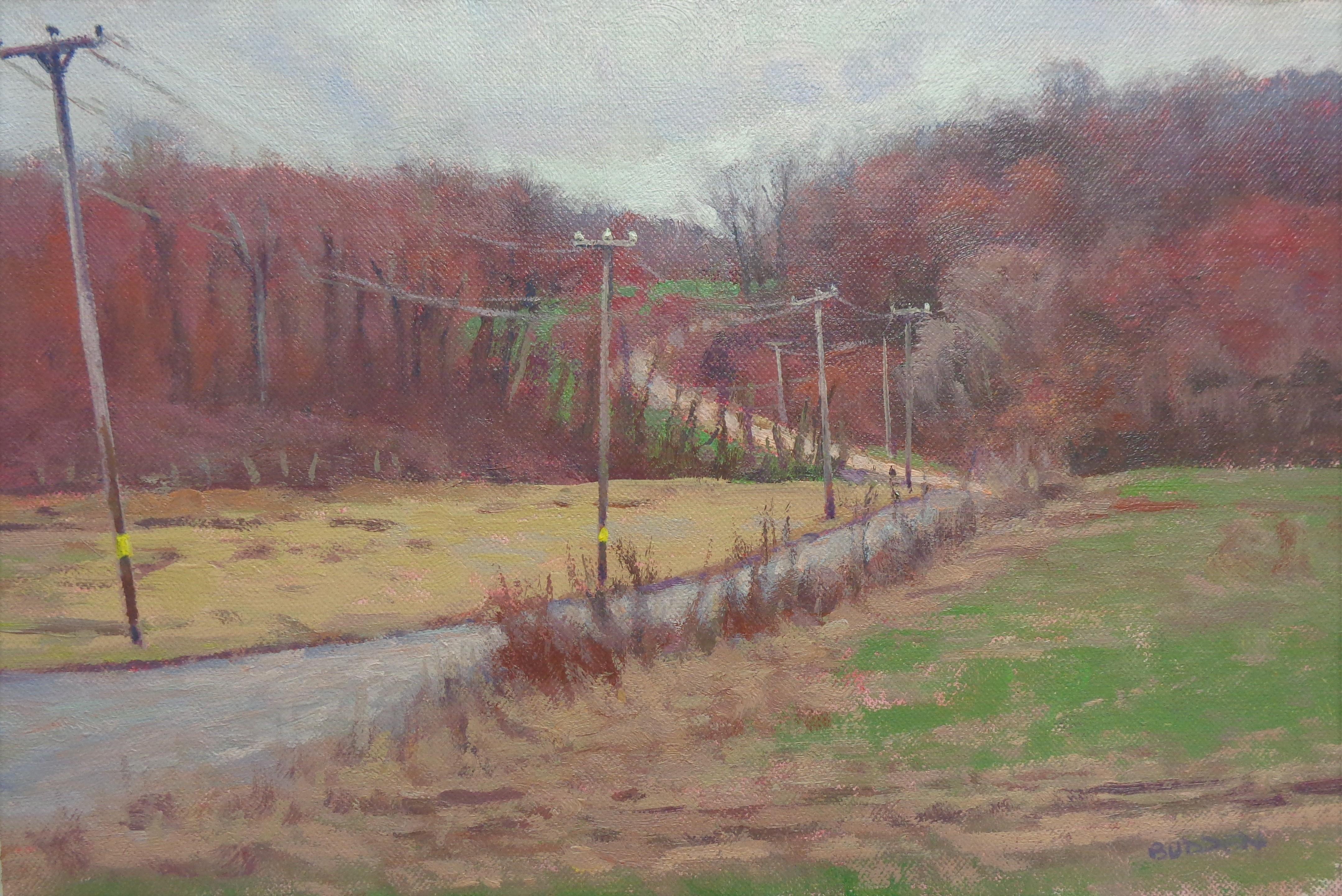 Pintura al óleo impresionista de un paisaje agrícola Michael Budden Spring Farm Lane en venta 1