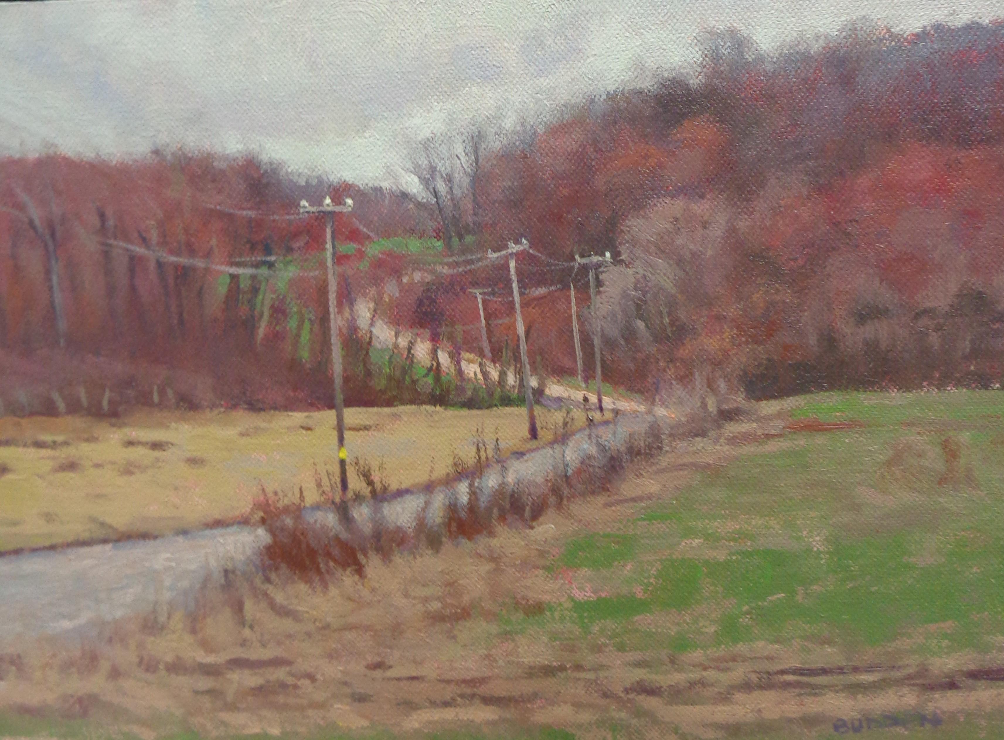 Pintura al óleo impresionista de un paisaje agrícola Michael Budden Spring Farm Lane en venta 3