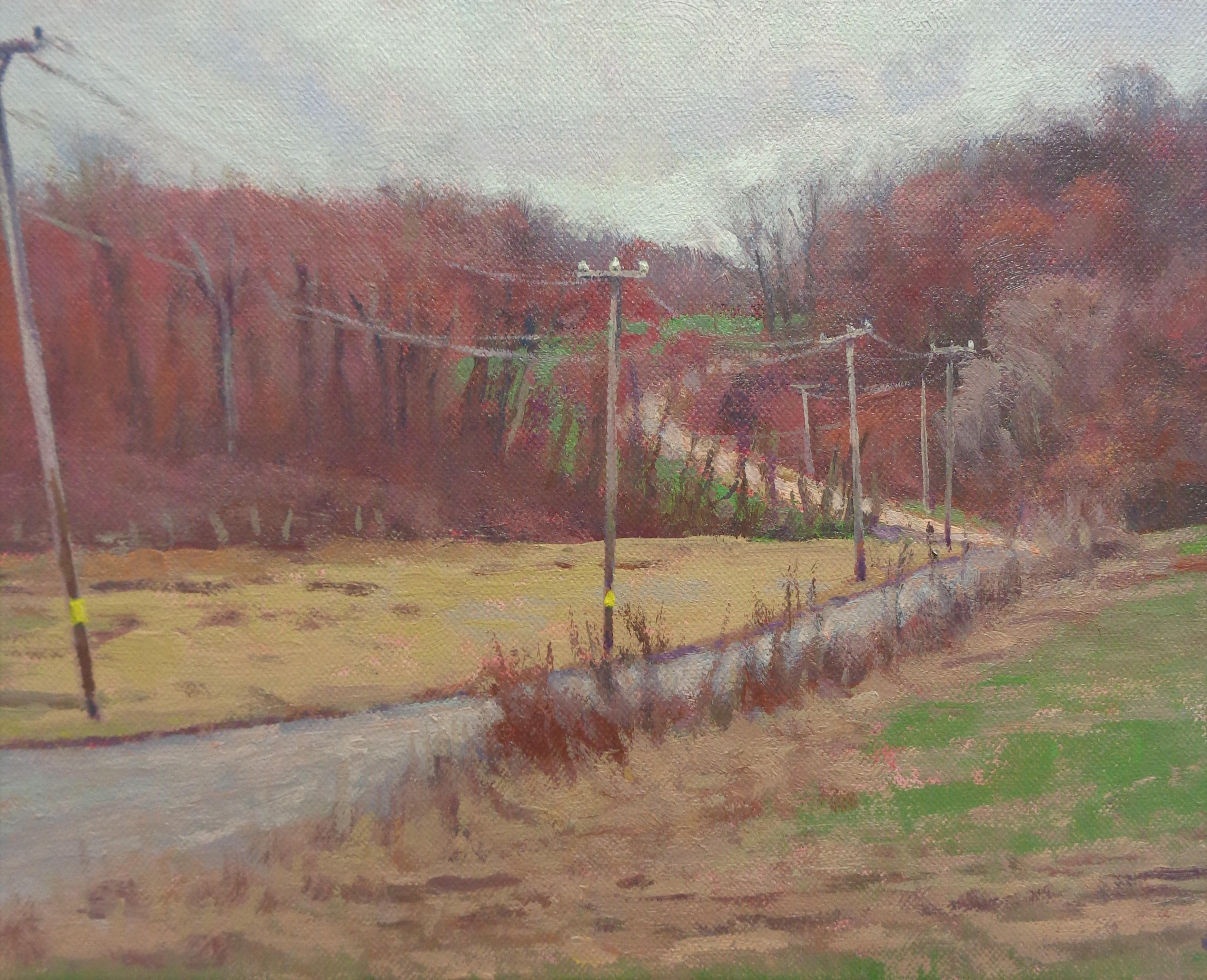 Pintura al óleo impresionista de un paisaje agrícola Michael Budden Spring Farm Lane en venta 4
