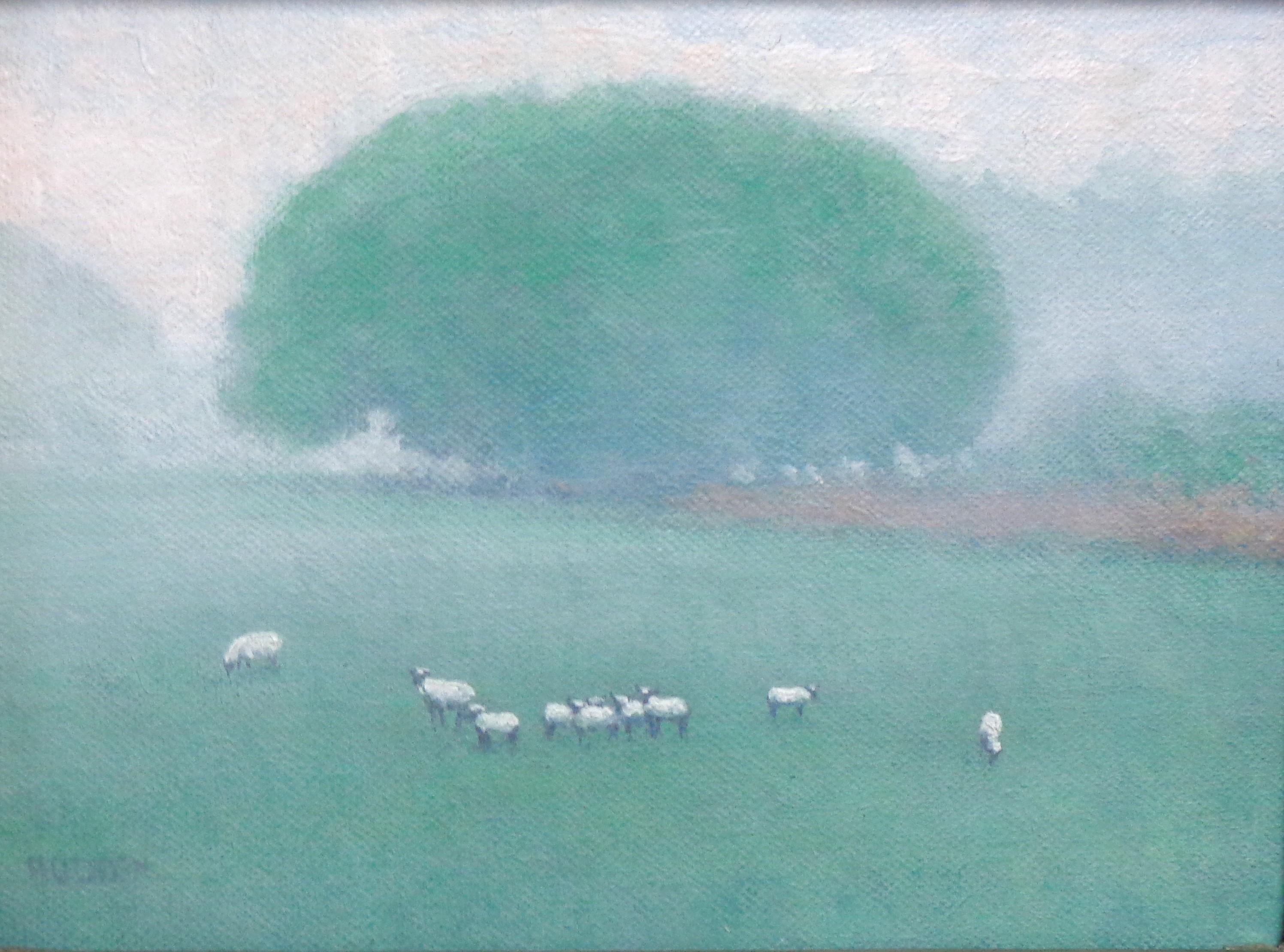 Impressionistische Bauernhoflandschaft Ölgemälde Michael Budden Frühling Schafe im Angebot 1