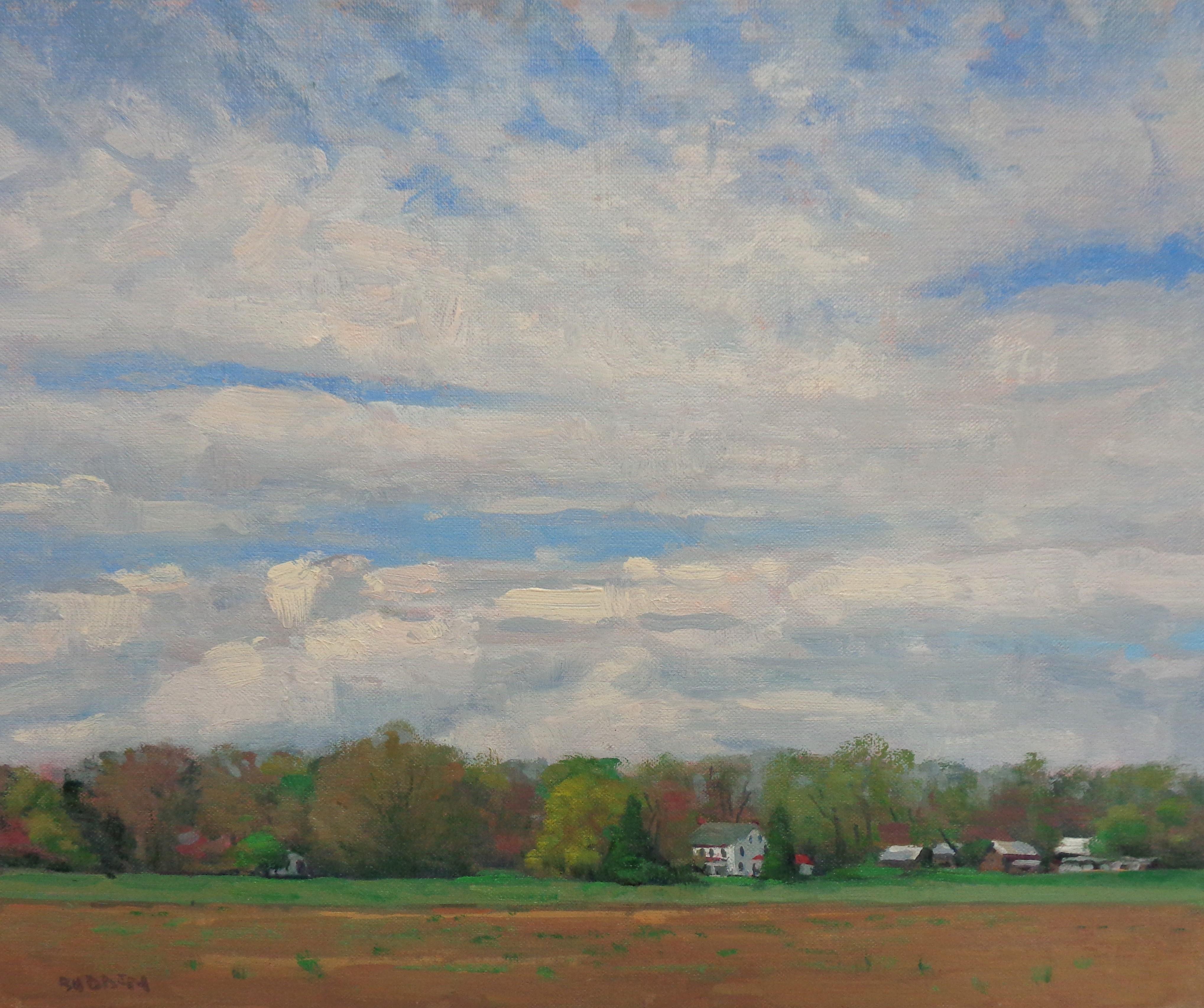 Impressionistische Bauernlandschaft, Gemälde Michael Budden, Frühlings-Ski-Gemälde im Angebot 2