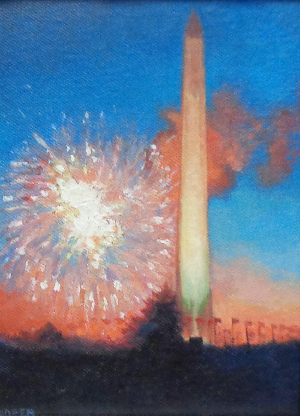 Peinture impressionniste de feux d'artifice de Michael Budden, monument de Washington, 4 juillet en vente 1