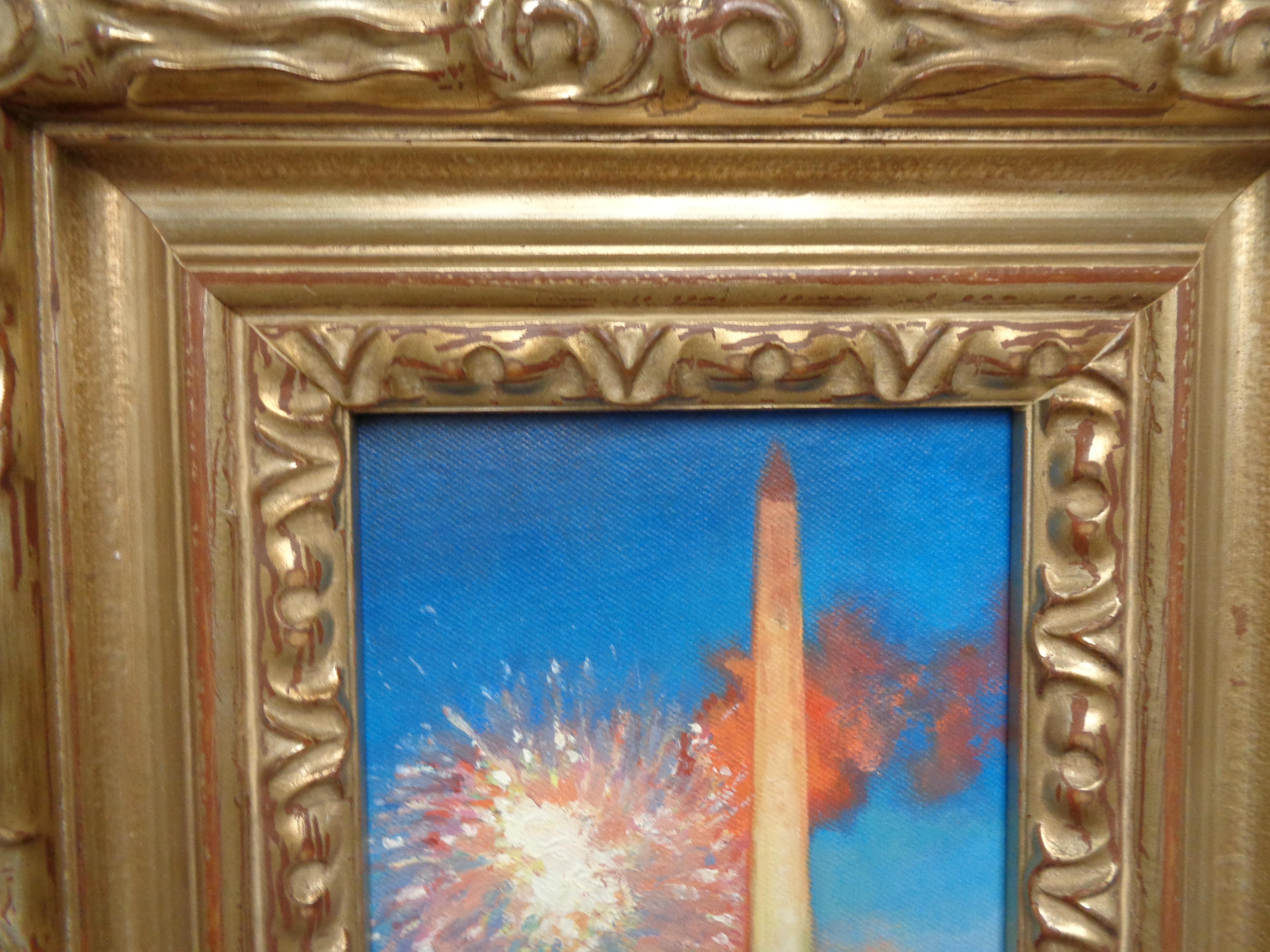 Spectacular Radiance,
4th of July, Washington Monument
oil/panel 6 x 8 image framed in a very showy frame. Frame can be changed.
Spectacular Radiance is an oil painting on canvas panel by award winning contemporary artist Michael Budden that