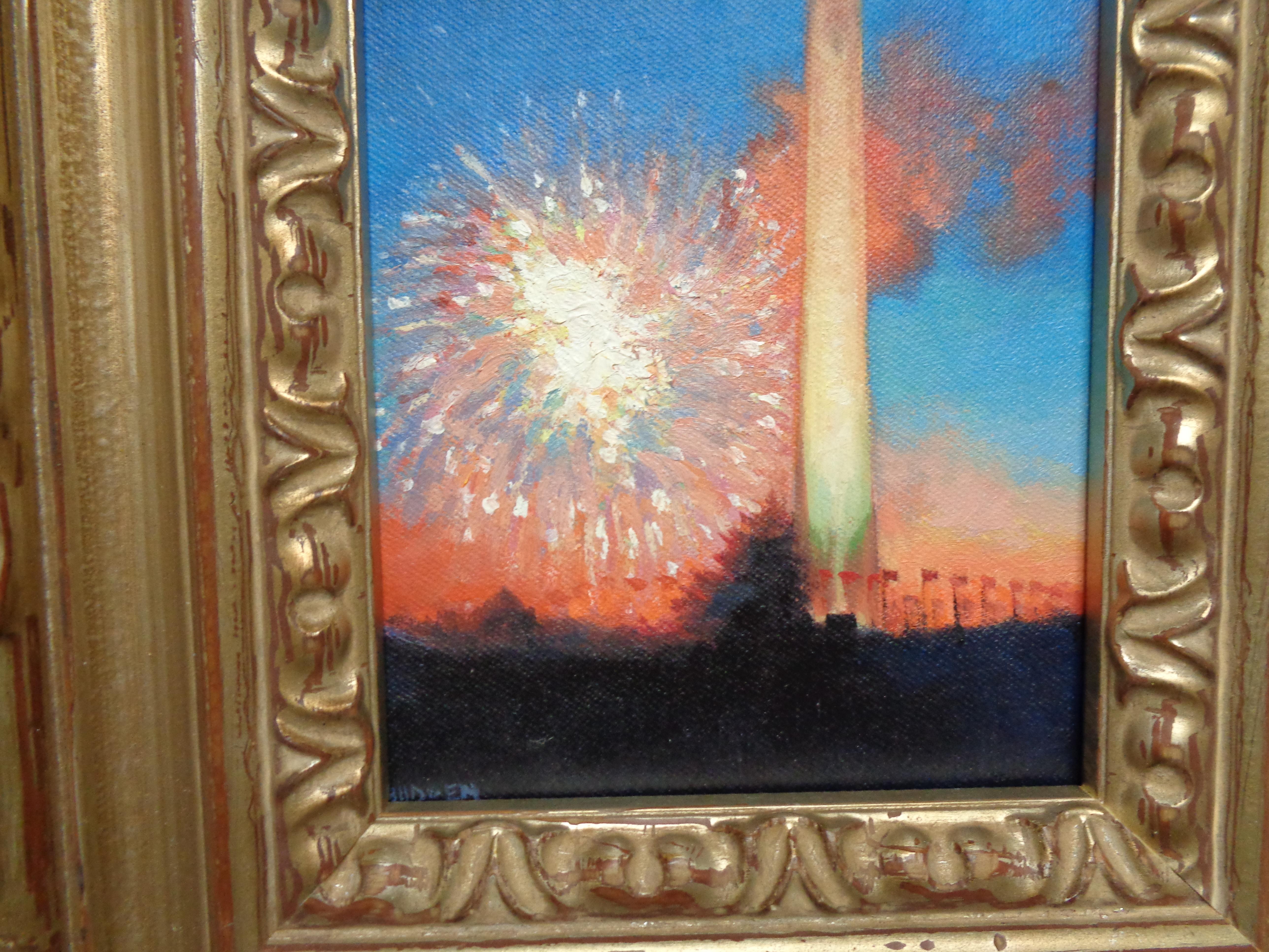 Impressionistic Fireworks Painting Michael Budden 4th July Washington Monument For Sale 1