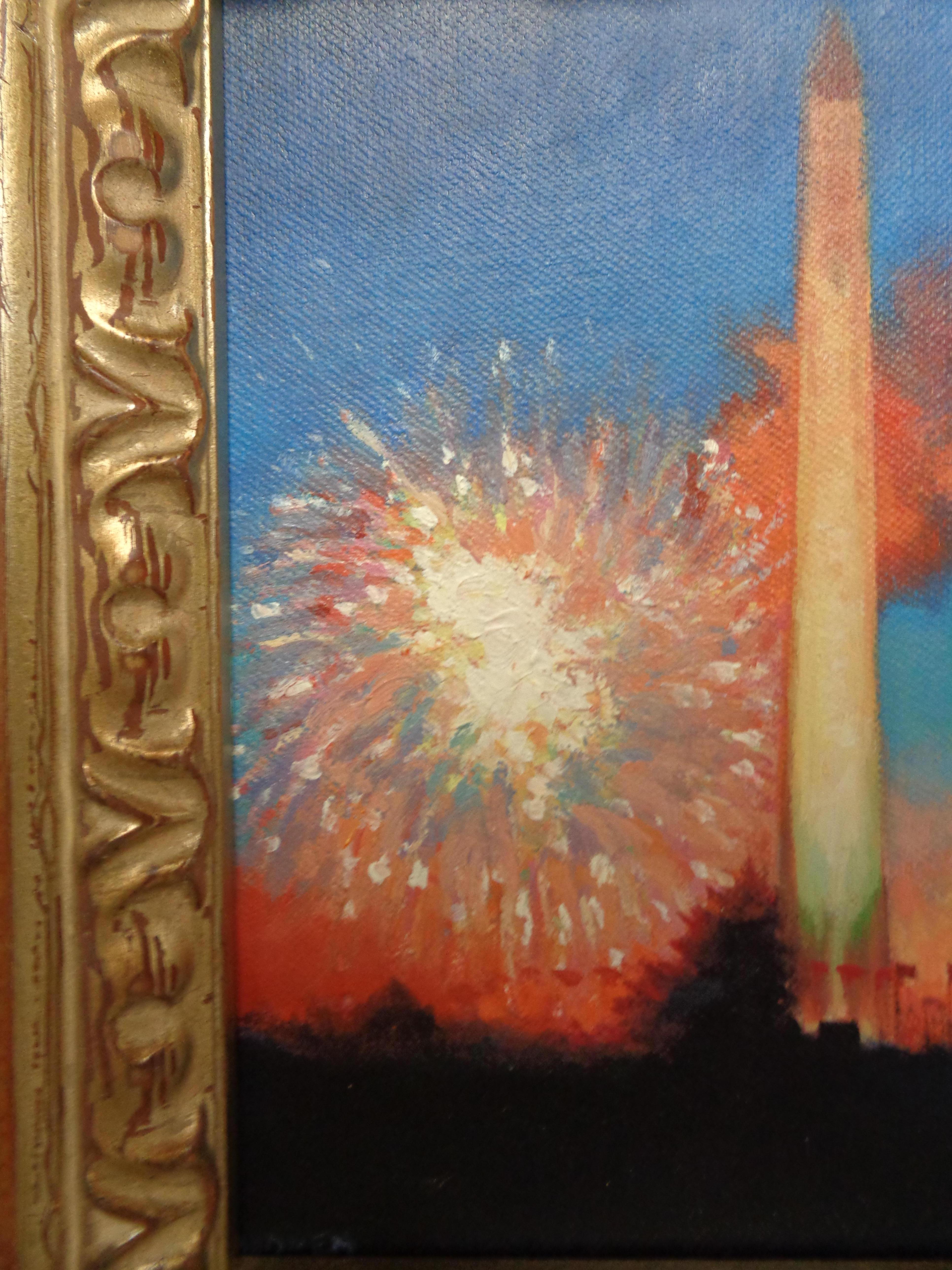 Impressionistic Fireworks Painting Michael Budden 4th July Washington Monument For Sale 2
