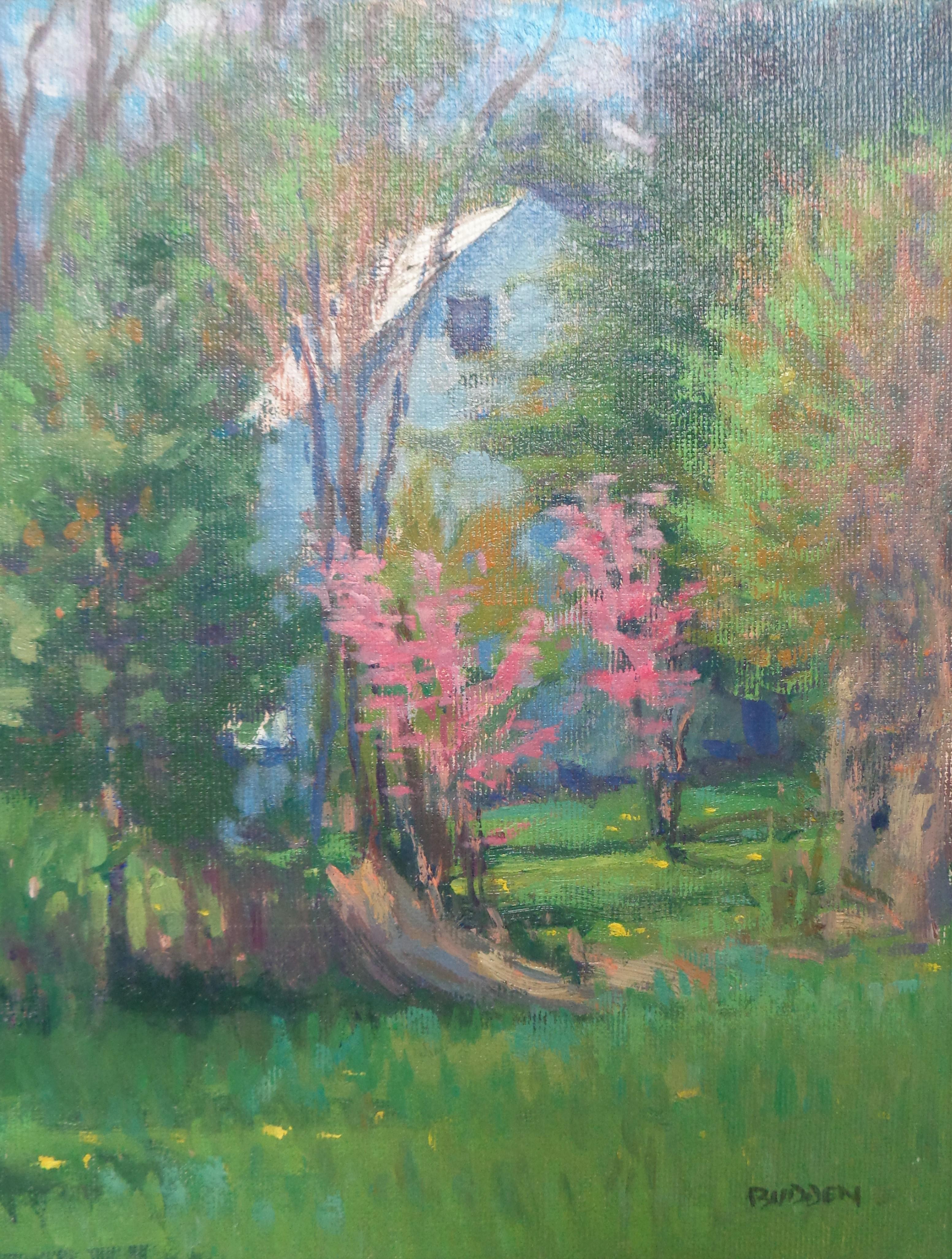 Paesaggio floreale impressionista dipinto a olio da Michael Budden Primavera precoce in vendita 1