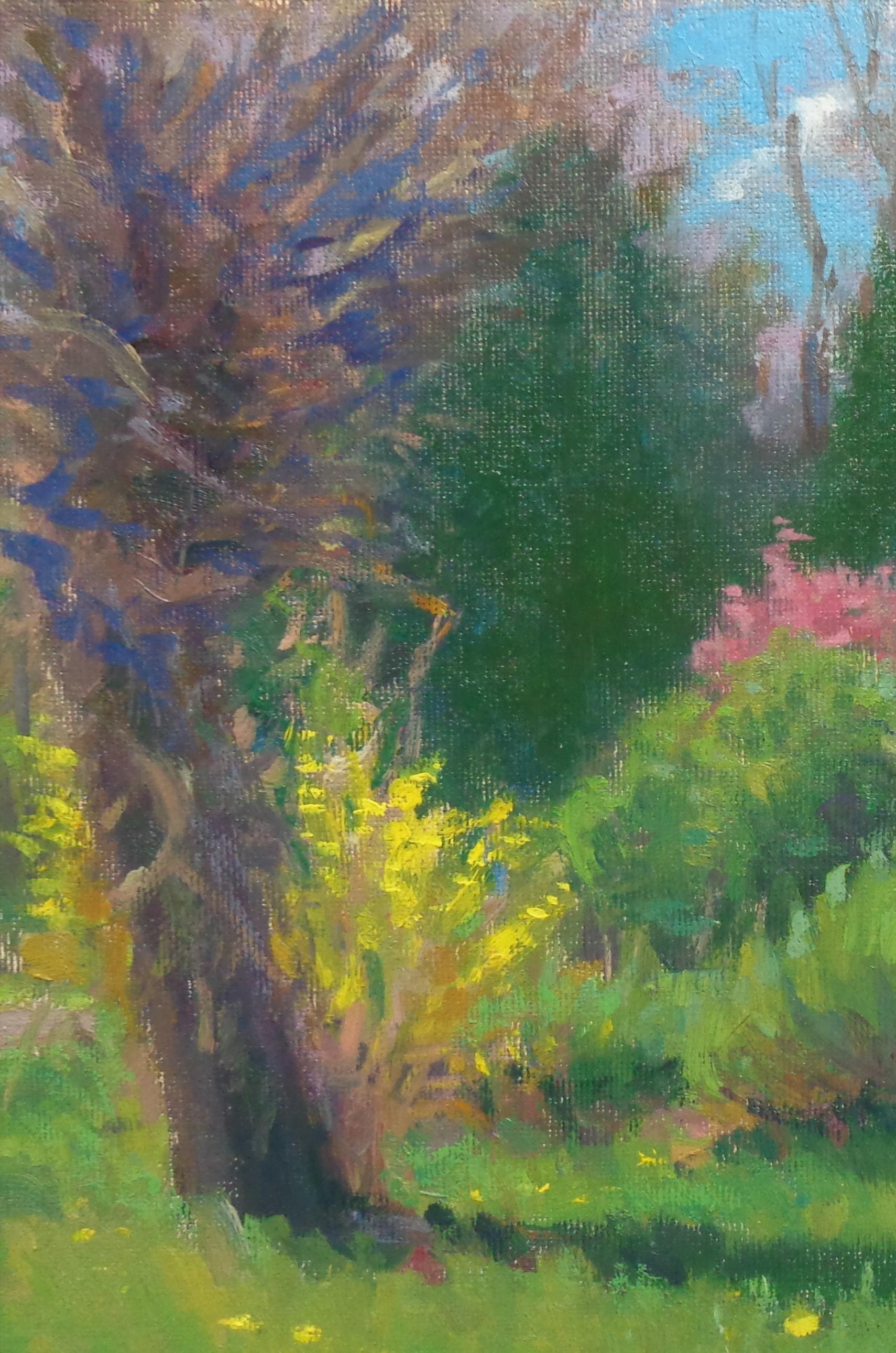 Paesaggio floreale impressionista dipinto a olio da Michael Budden Primavera precoce in vendita 2