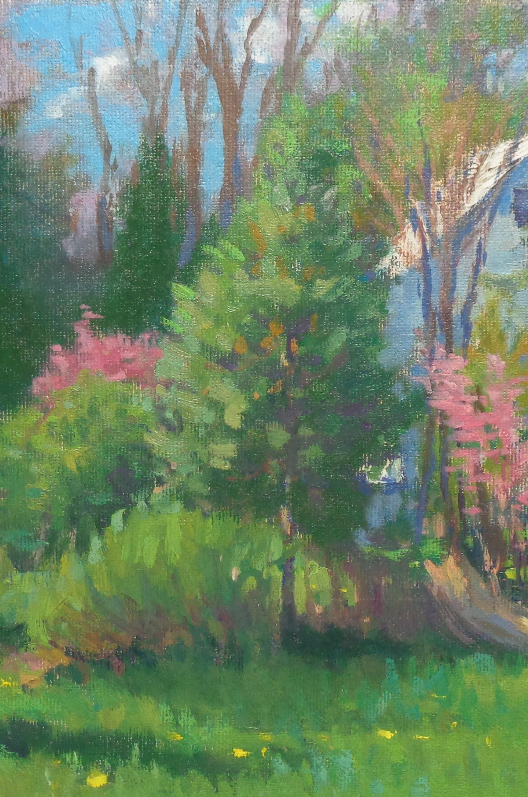 Paesaggio floreale impressionista dipinto a olio da Michael Budden Primavera precoce in vendita 3