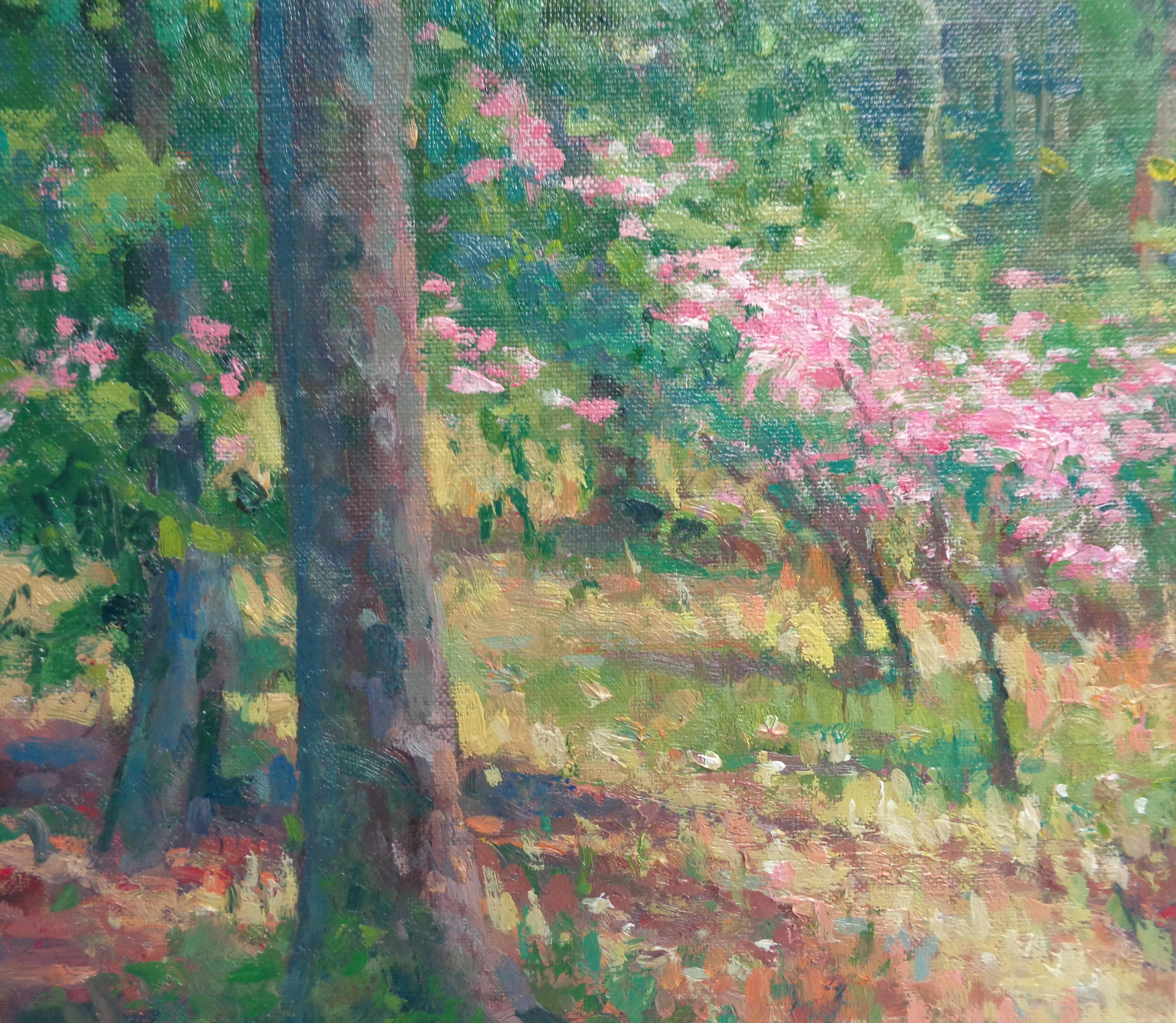 Paesaggio floreale impressionista dipinto a olio da Michael Budden Primavera precoce in vendita 4
