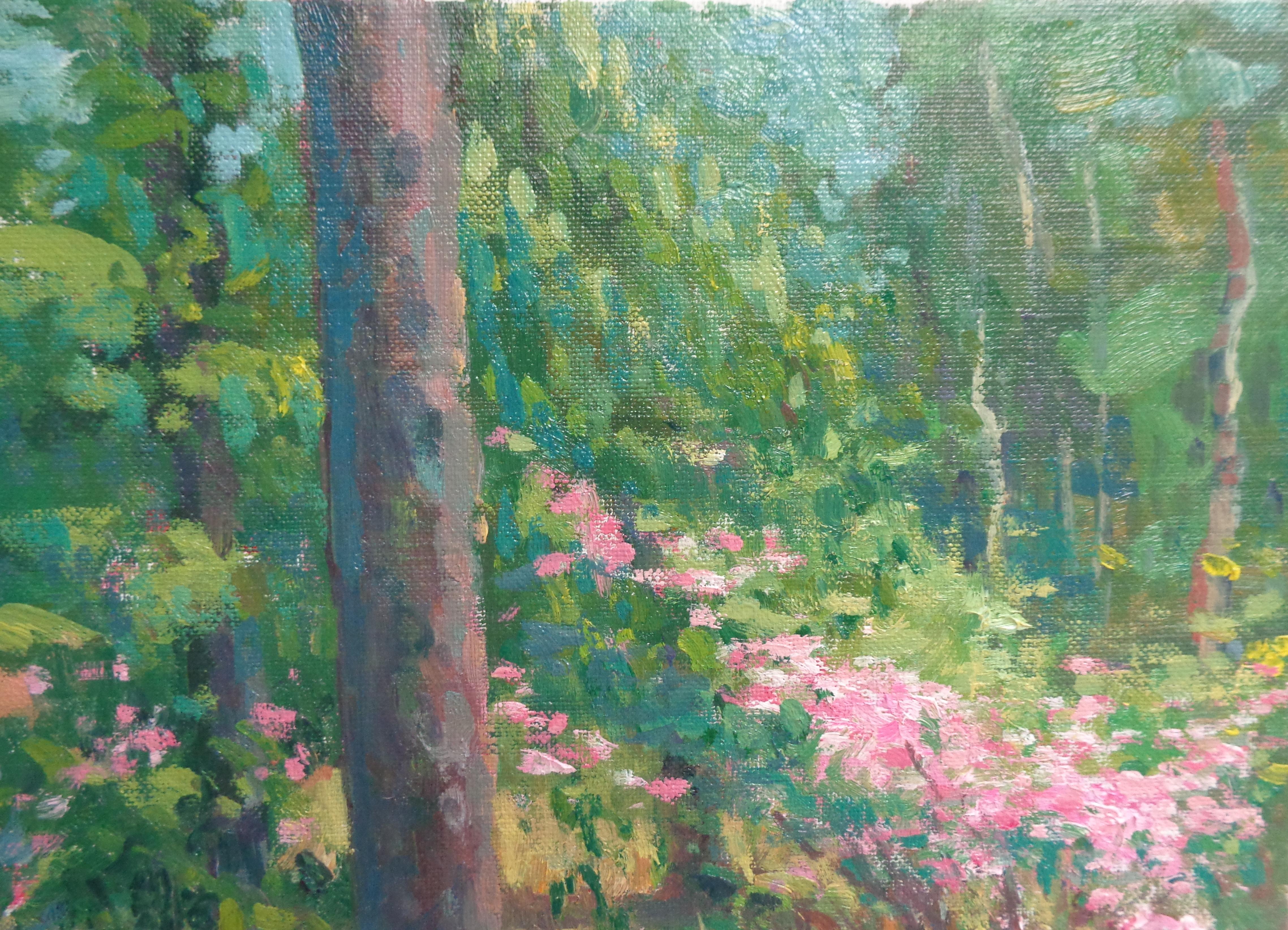 Paesaggio floreale impressionista dipinto a olio da Michael Budden Primavera precoce in vendita 5