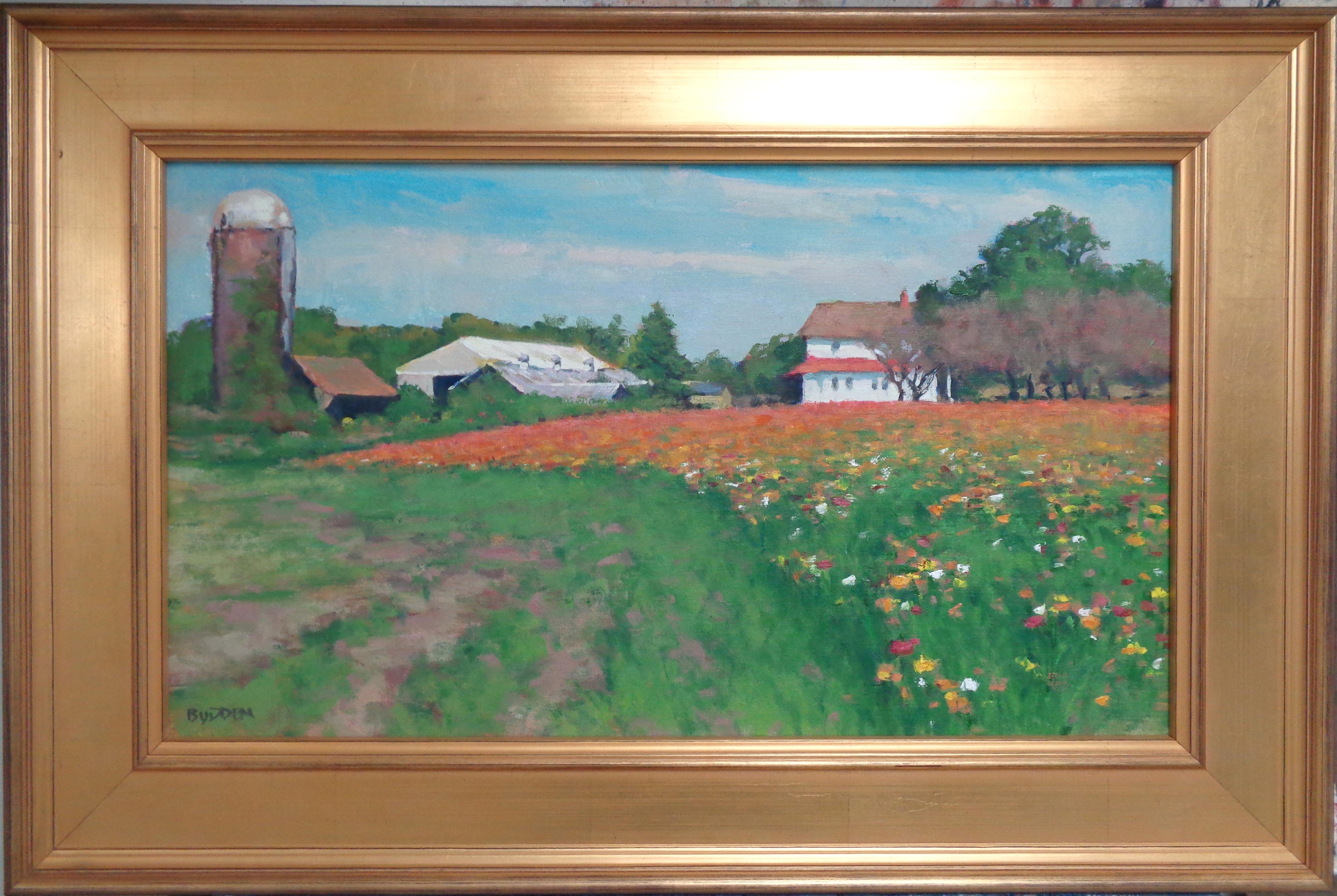 Paesaggio floreale impressionista dipinto a olio da Michael Budden Fiori di fattoria