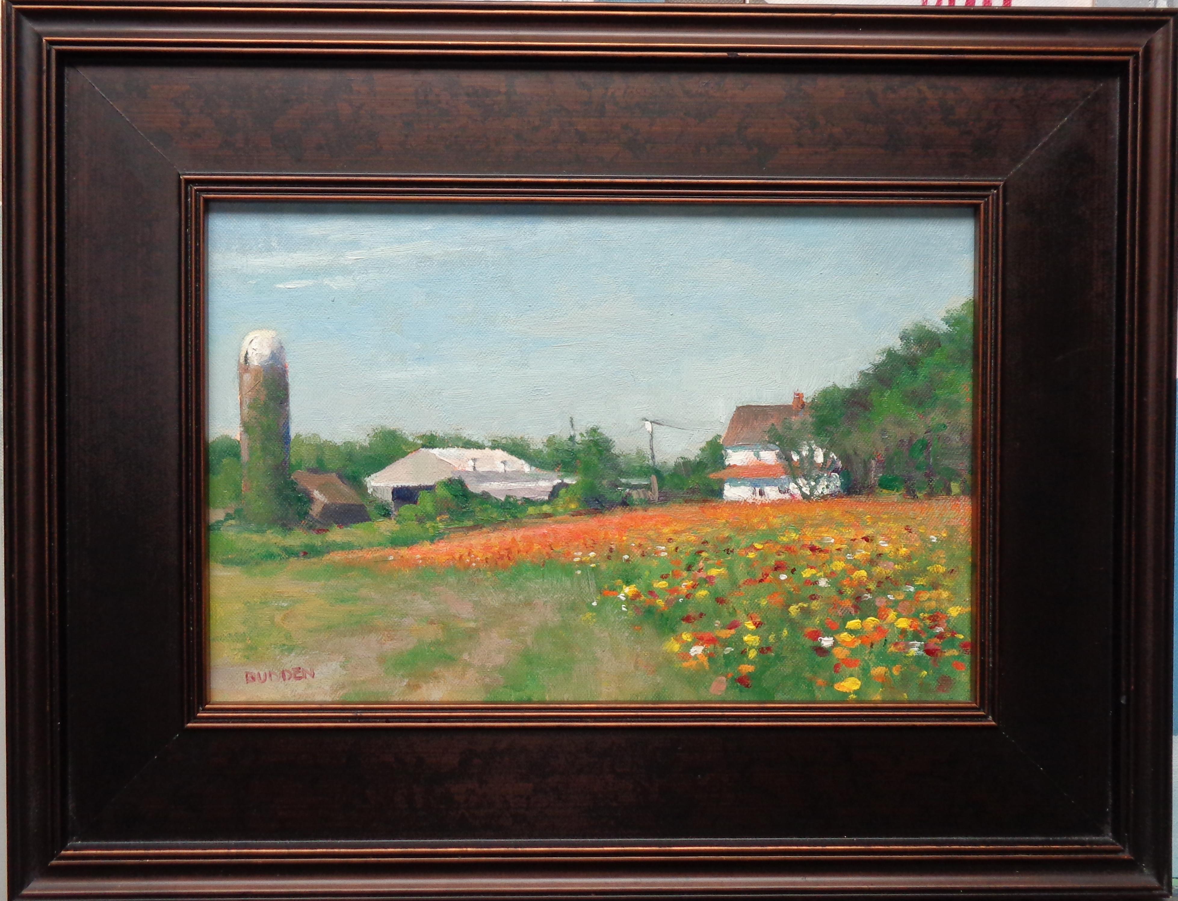 An oil painting on canvas that showcases the beautiful light of a summer day shinning on a field of flowers. This is one of my favorite places to set up my easel and paint near my home in Chesterfield NJ. My friends grow and sell their flowers along
