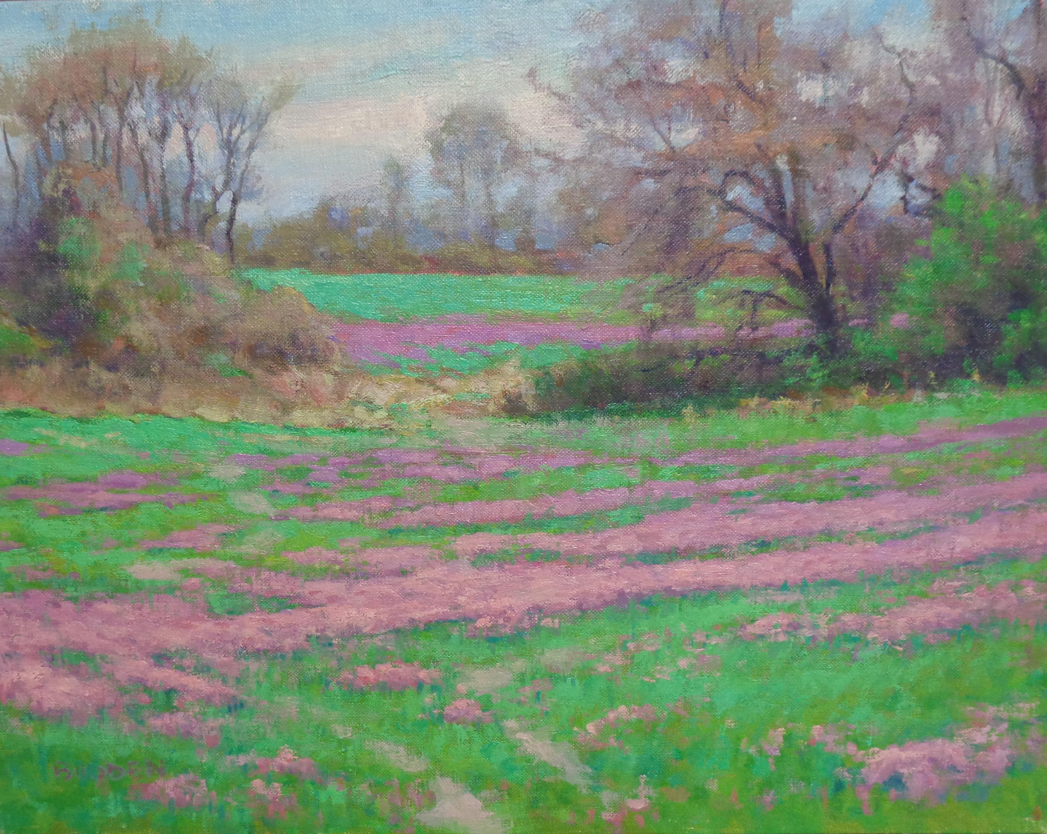 Pintura al óleo Paisaje floral impresionista de Michael Budden Flores moradas 1