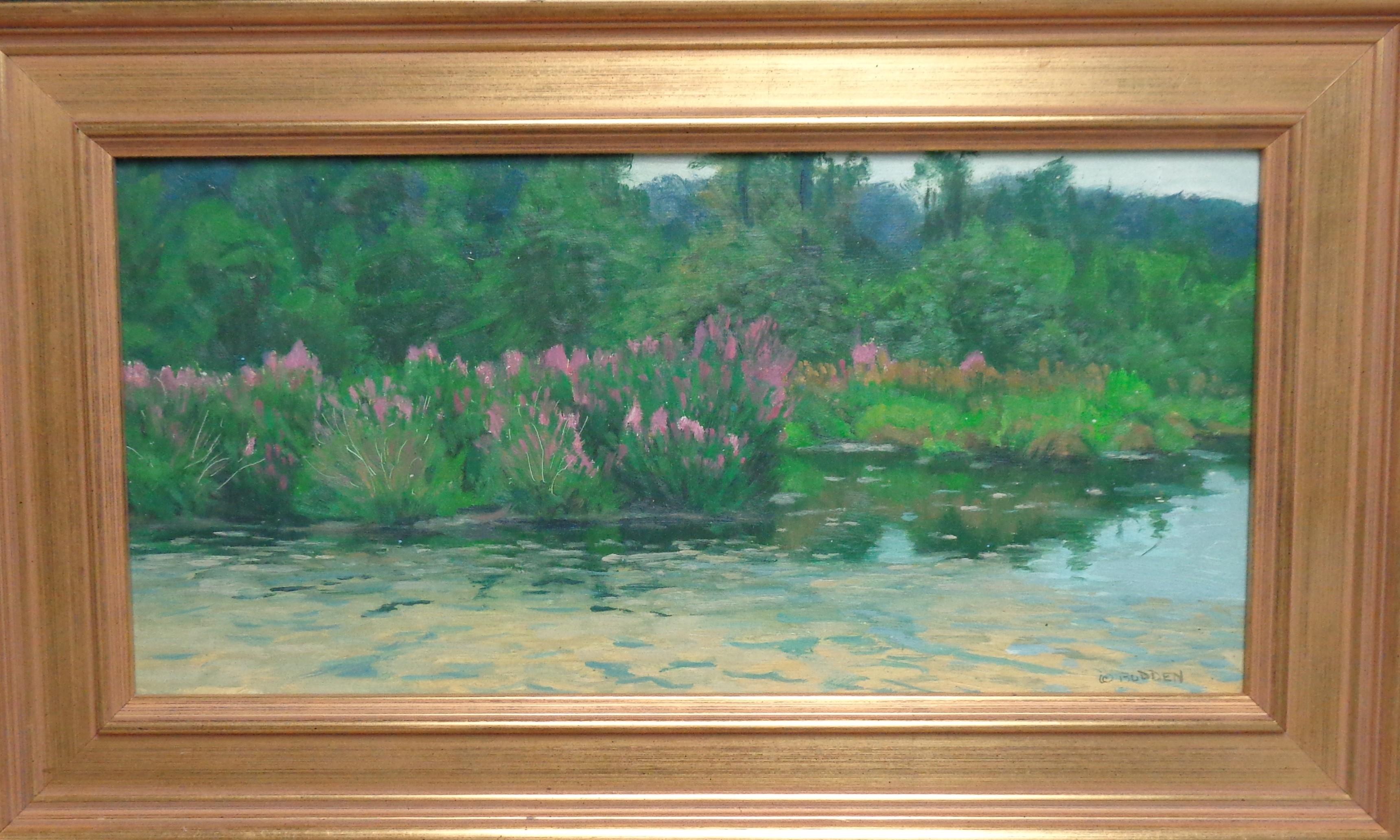 Pond and Purple Loosestrife
8 x 15.75 unframed, 11.5 x 19.38 framed
An oil painting on canvas panel that showcases the beautiful light among flowering purple loosestrife on a local farm pond. Painted a few years ago near my studio, the painting is