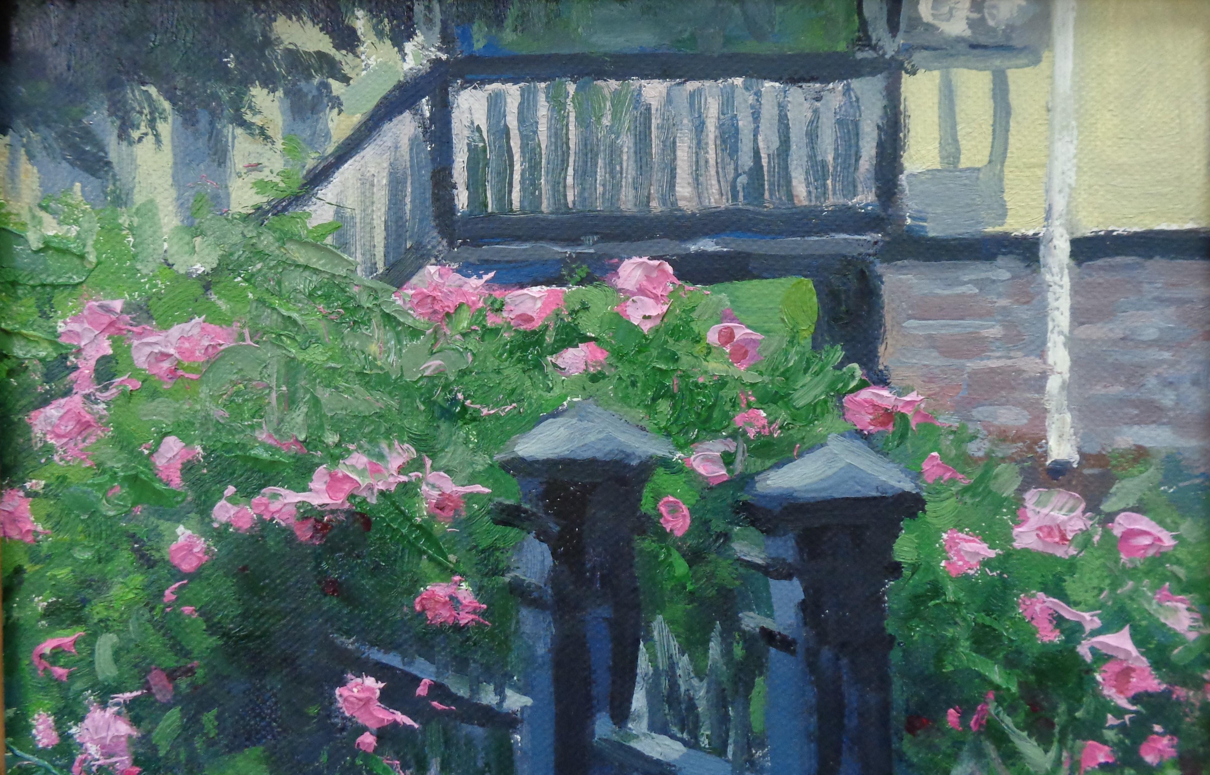  Peinture impressionniste de paysage floral Michael Budden Fence Line Flowers en vente 1