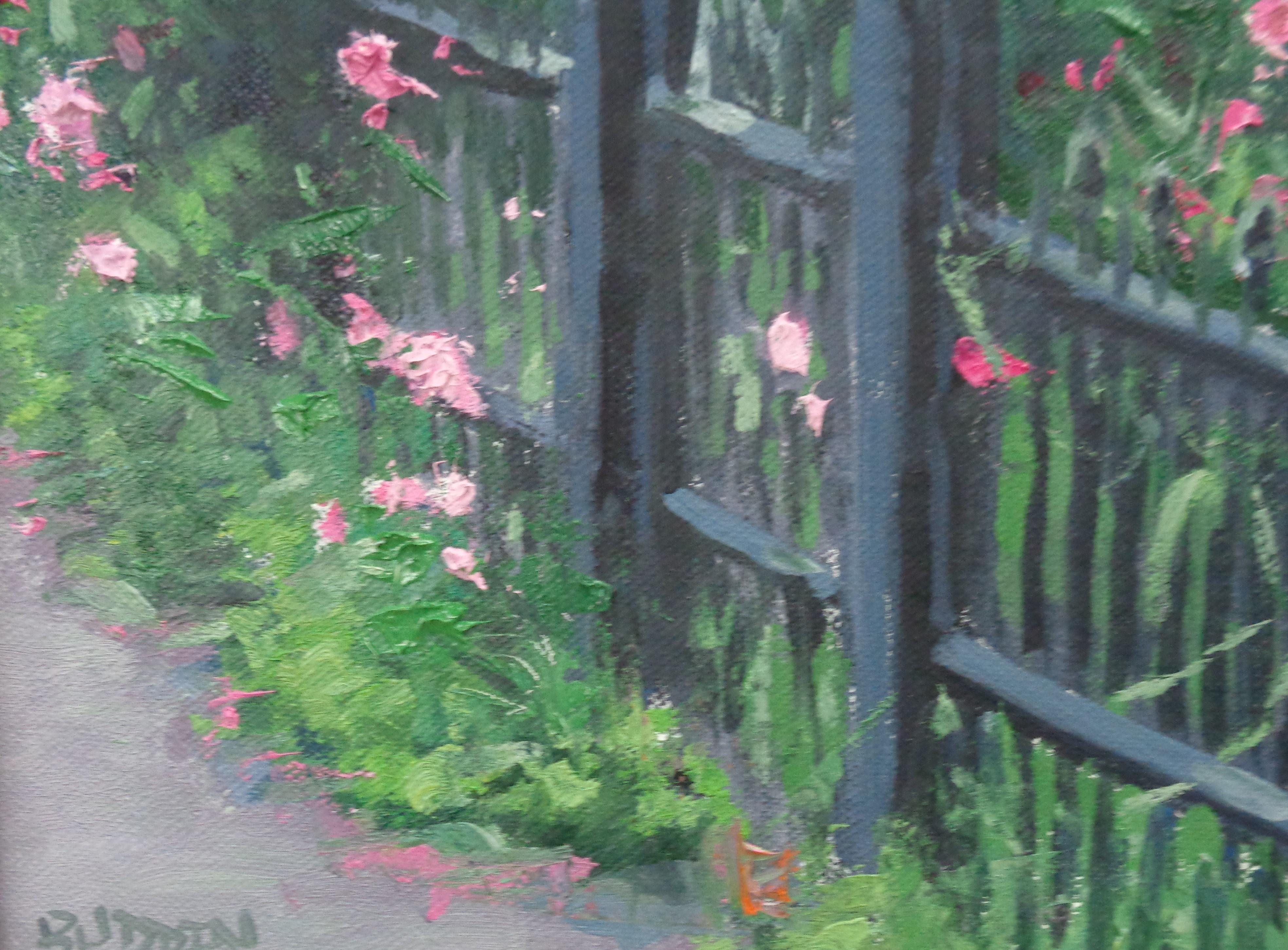  Peinture impressionniste de paysage floral Michael Budden Fence Line Flowers en vente 3