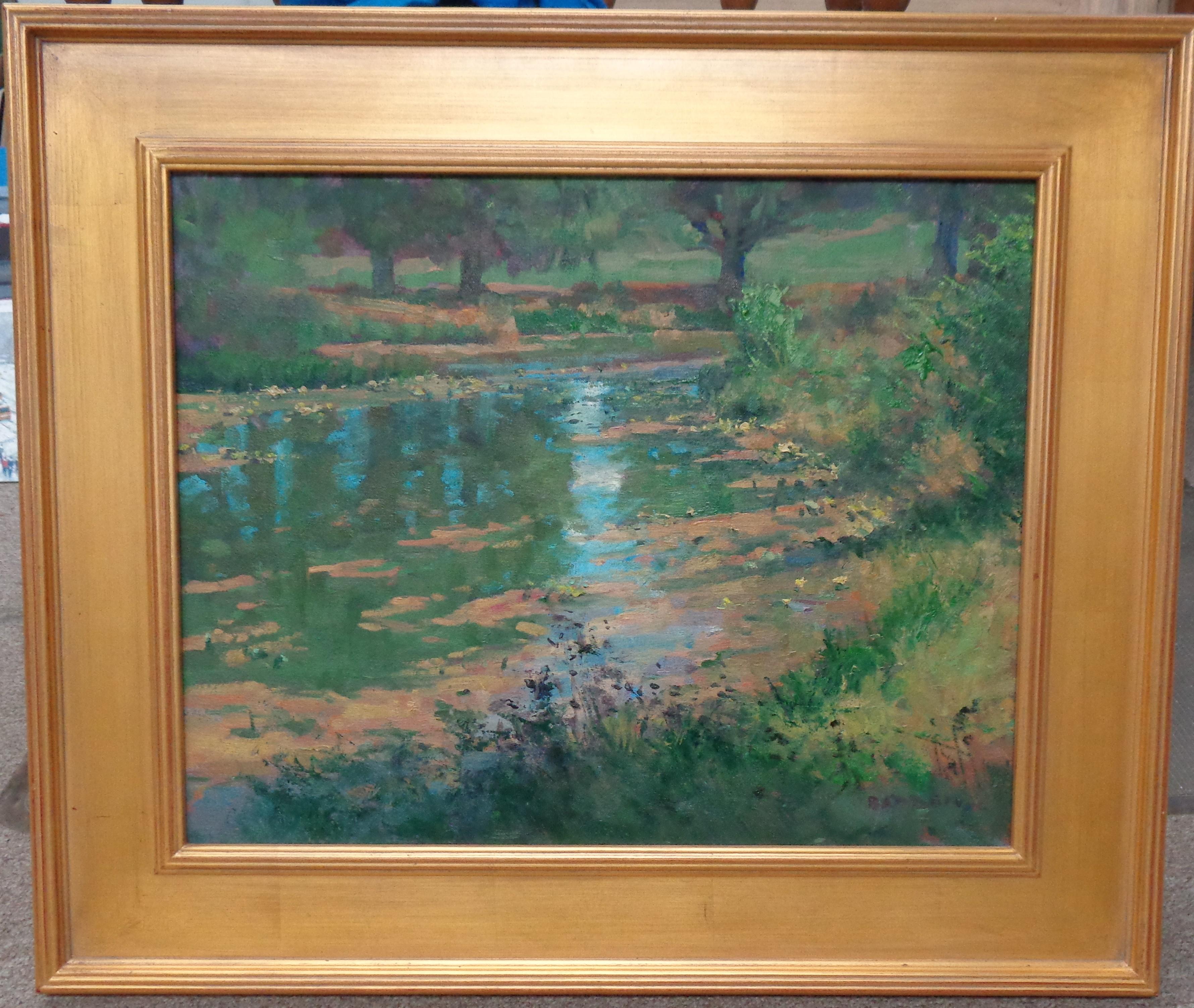 Peinture à l'huile « Lilly Pond » (L'étang aux lys) de Michael Budden, paysage impressionniste, début d'automne
