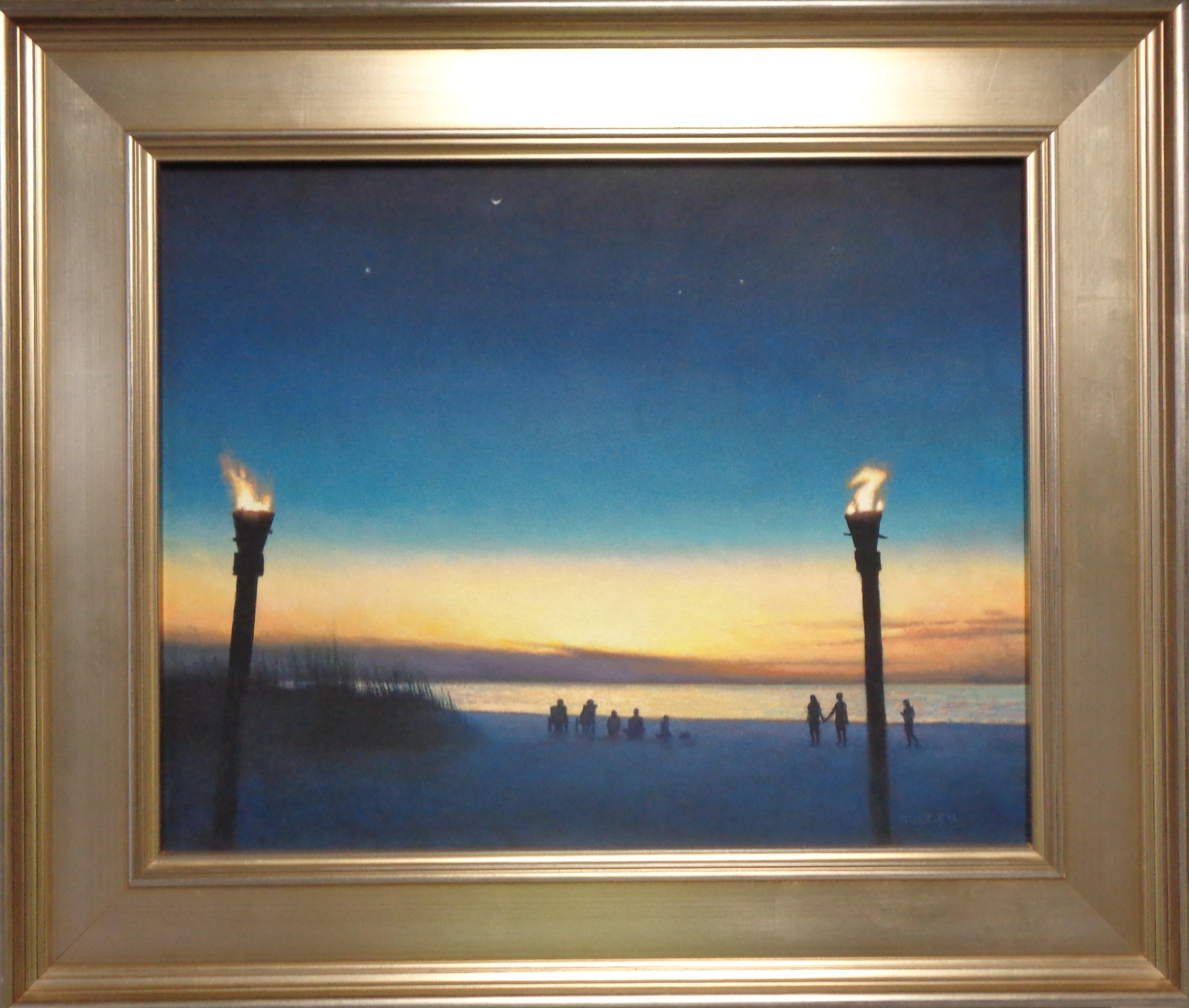 Enfoque vespertino
óleo/panel 16 x 20 imagen, 22,25 x 26 enmarcado
Enfoque Vespertino se inspiró en nuestra visita a Boca Grande un año. Sentados en la playa esperando el Relámpago Verde que sólo parecía ocurrir con unas cuantas copas para nosotros,